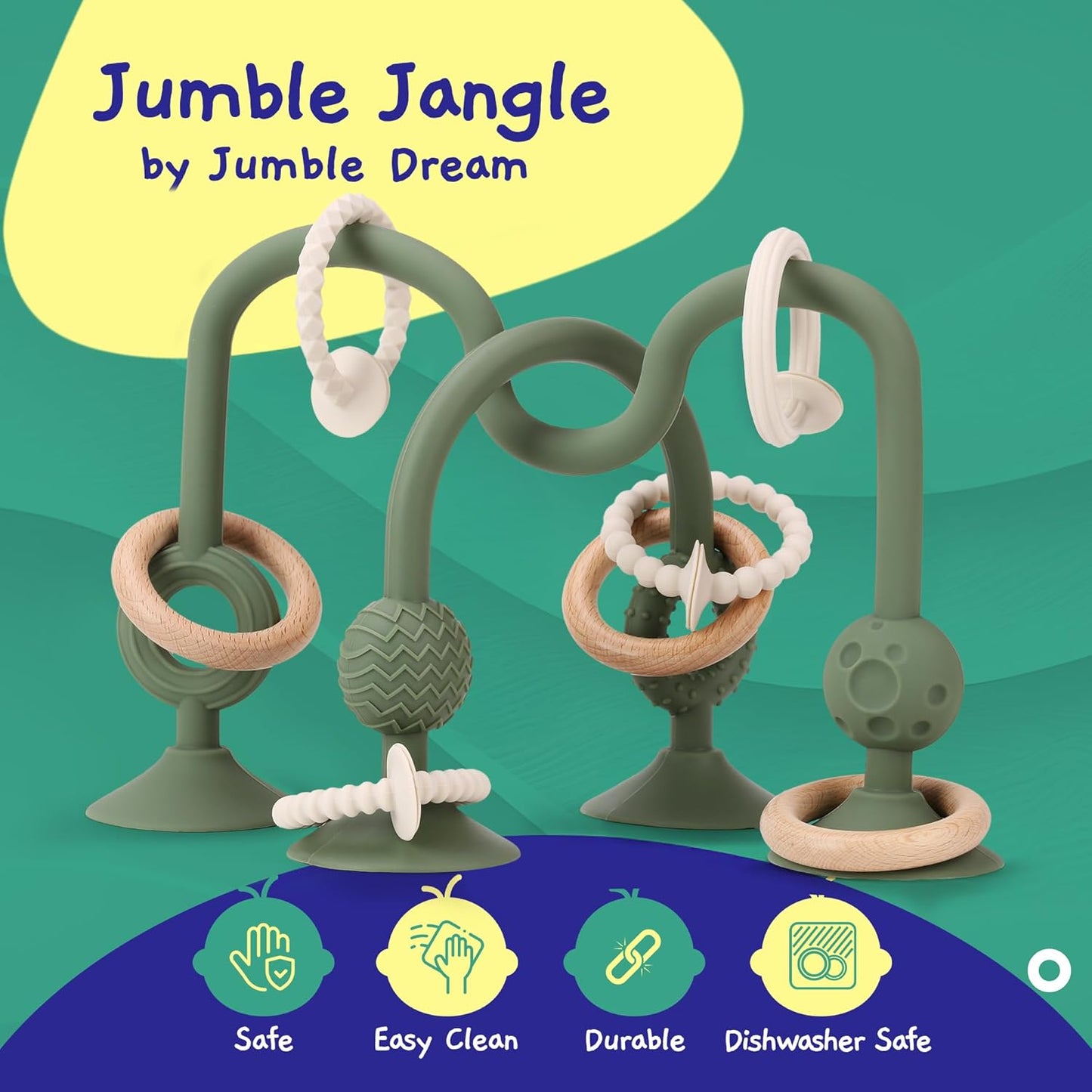 Jumble Jangle Baby Teething Toys – BPA-Free, Multi Purpose High Chair Toys for Babies: Suction Teething Relief with Sensory Toy Textures for Infants and Toddlers 3–24+ Months (Green)
