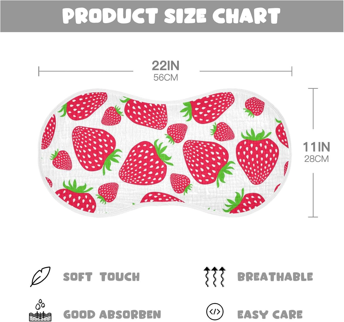 Muslin Baby Burp Cloths Set of 1, Soft Absorbent Cute Strawberry Muslin Washcloths, Bibs, Face Towel for Newborn Boys Girls, 22 x 11 Inch