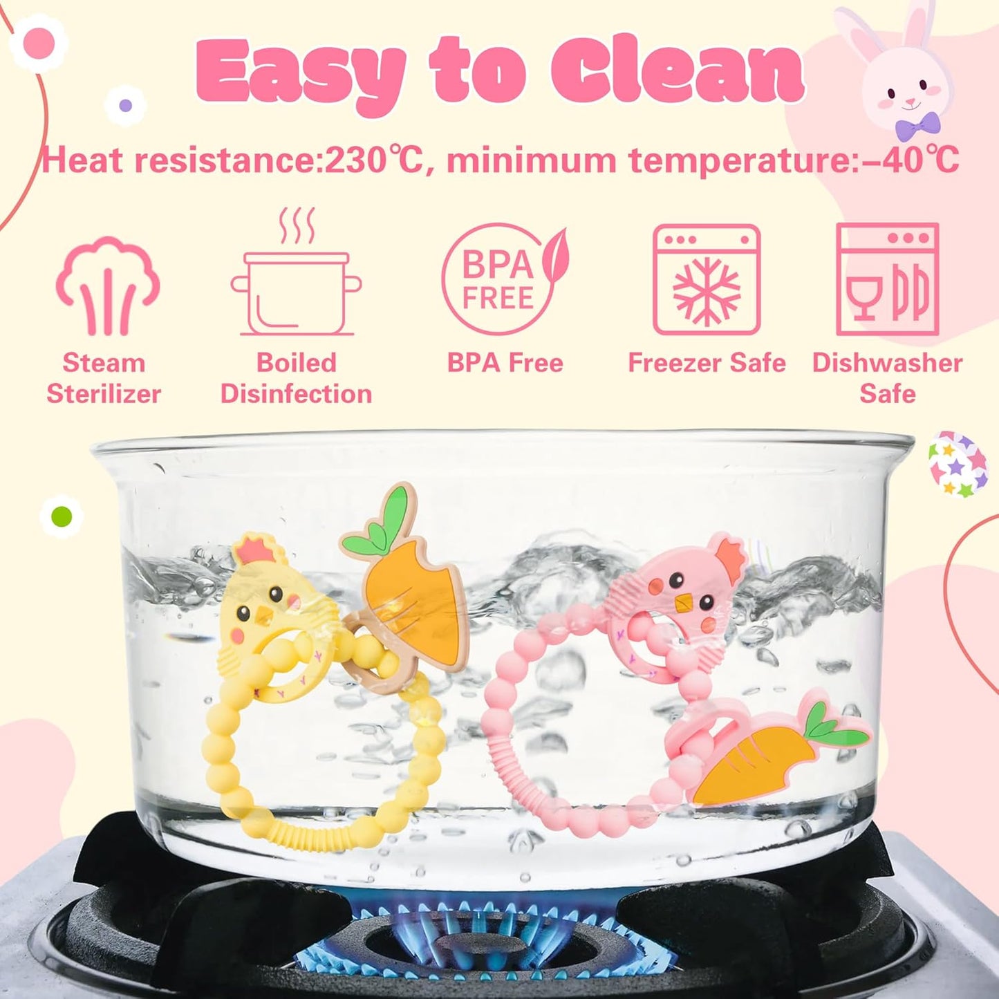 Silicone Teether Toys for Babies - 2ooya 2Pcs Pink Yellow Carrot Chick Teething Ring Infant Soft Teethers, Toddler Teething Chew Toys for Newborn Boy and Girl Baby Shower Birthday Gifts