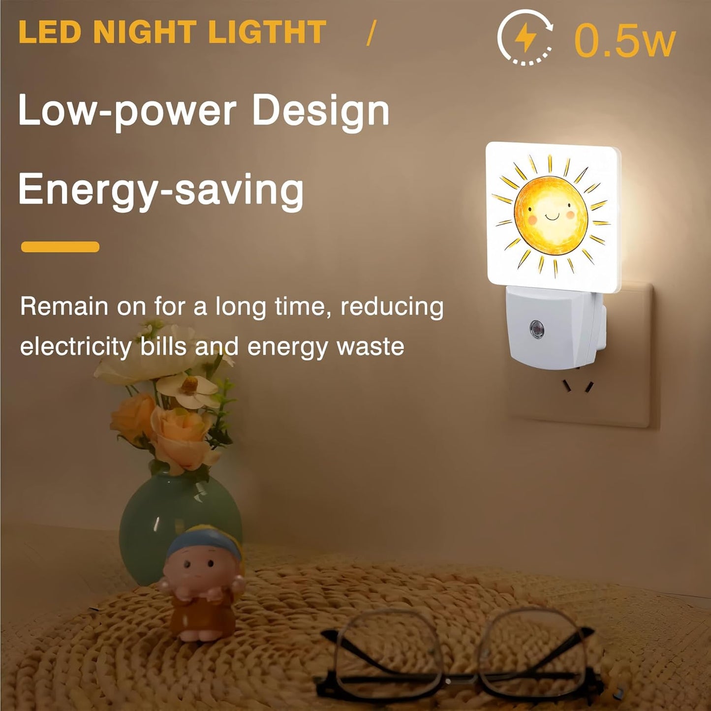 Night Light Watercolor Big Sun Night Lights Plug into Wall Smart Dusk to Dawn Sensor 0.5W Energy Efficient Led Lamp for Men Women Bedroom Bathroom Hallway Stairway Decor