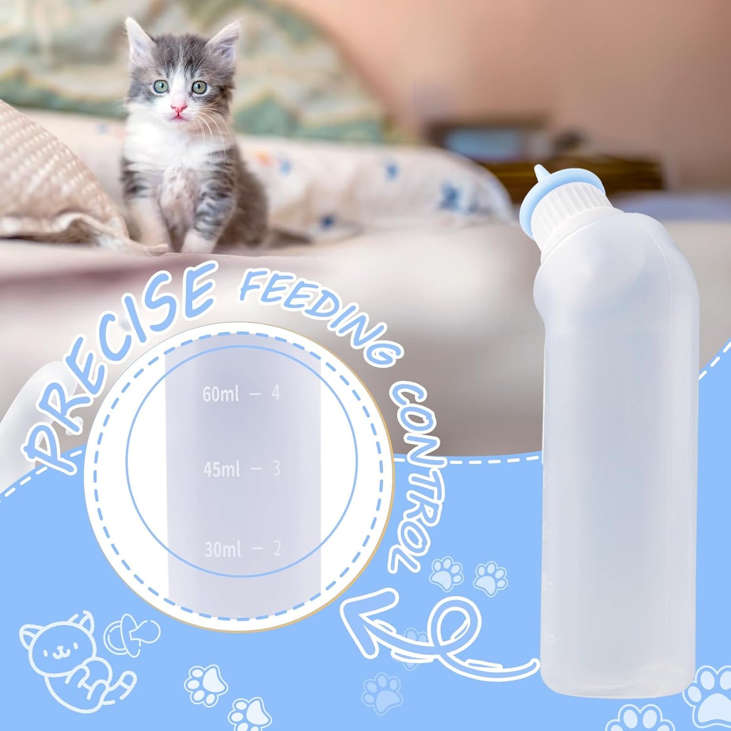 5Pack Kitten Bottle for Nursing Puppy Milk Kitten Bottles Feeding Kit Silicone Nipple for Newborn Pets Kittens, Puppy,Squirrel (Blue)