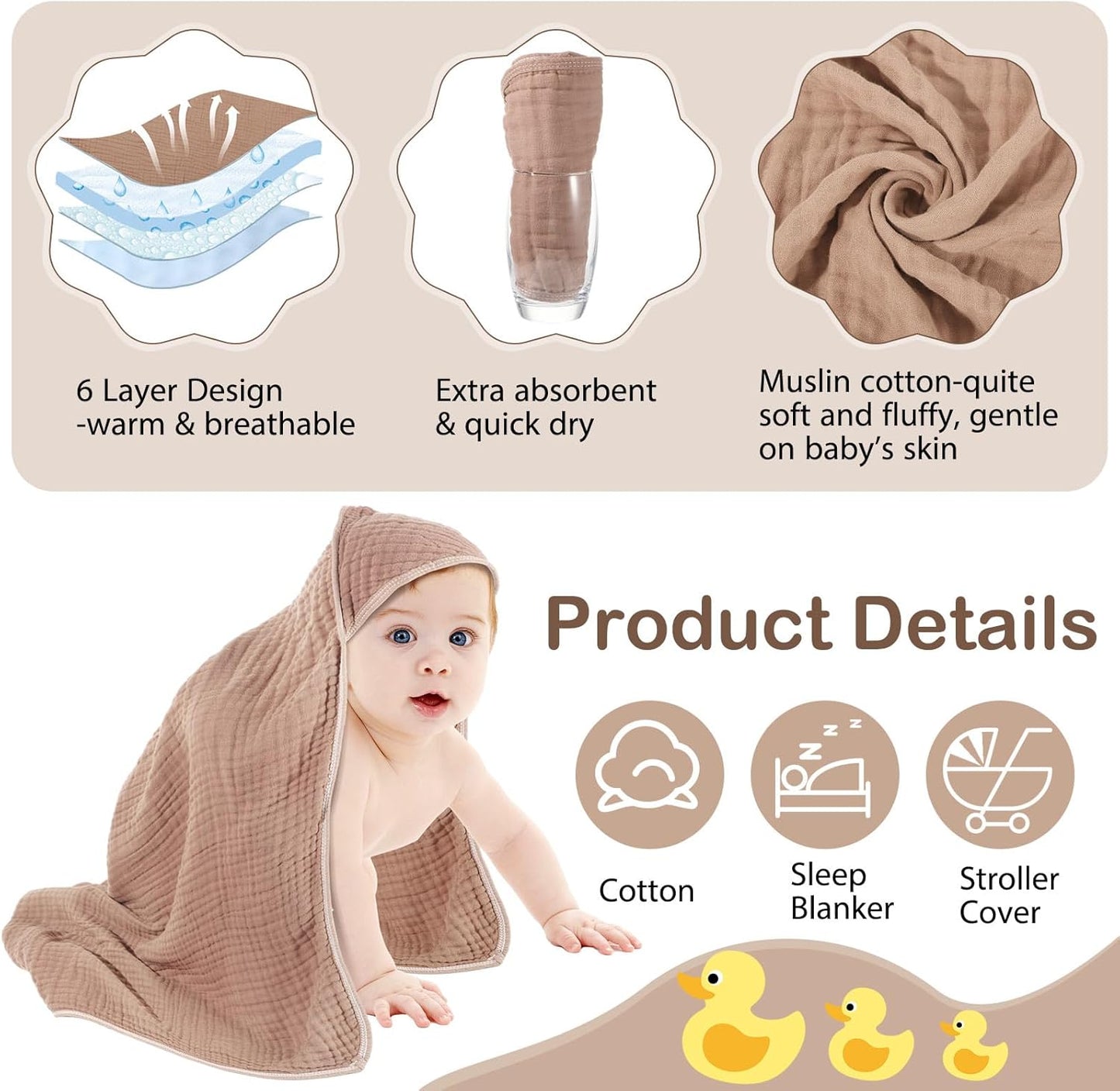 Peryiter 4 Pcs Muslin Hooded Baby Towels, 32"x 32" Cotton Newborn Bath Towel Muslin Infant Baby Blankets Absorbent Unisex Christmas Registry Gift Essentials for Girls Boys (White,Coffee,Blue)