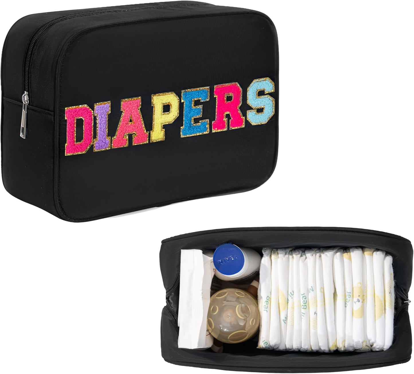 Chenille Letter Insulated Diaper Caddy Bag, Small Diaper Bag Organizer Pouch for Nursery Changing Table, New Born Baby Essential Storage Bag Diaper Pail Baby Shower Gifts for Mom To Be (Black)