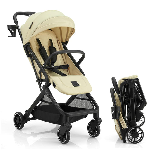 Compact Fold Baby Stroller, Lightweight Travel Toddler Stroller with One-Click Fold, Extendable UPF50+ Canopy, Cup Holder, UV Protected and Waterproof, One-Hand Folding - Beige