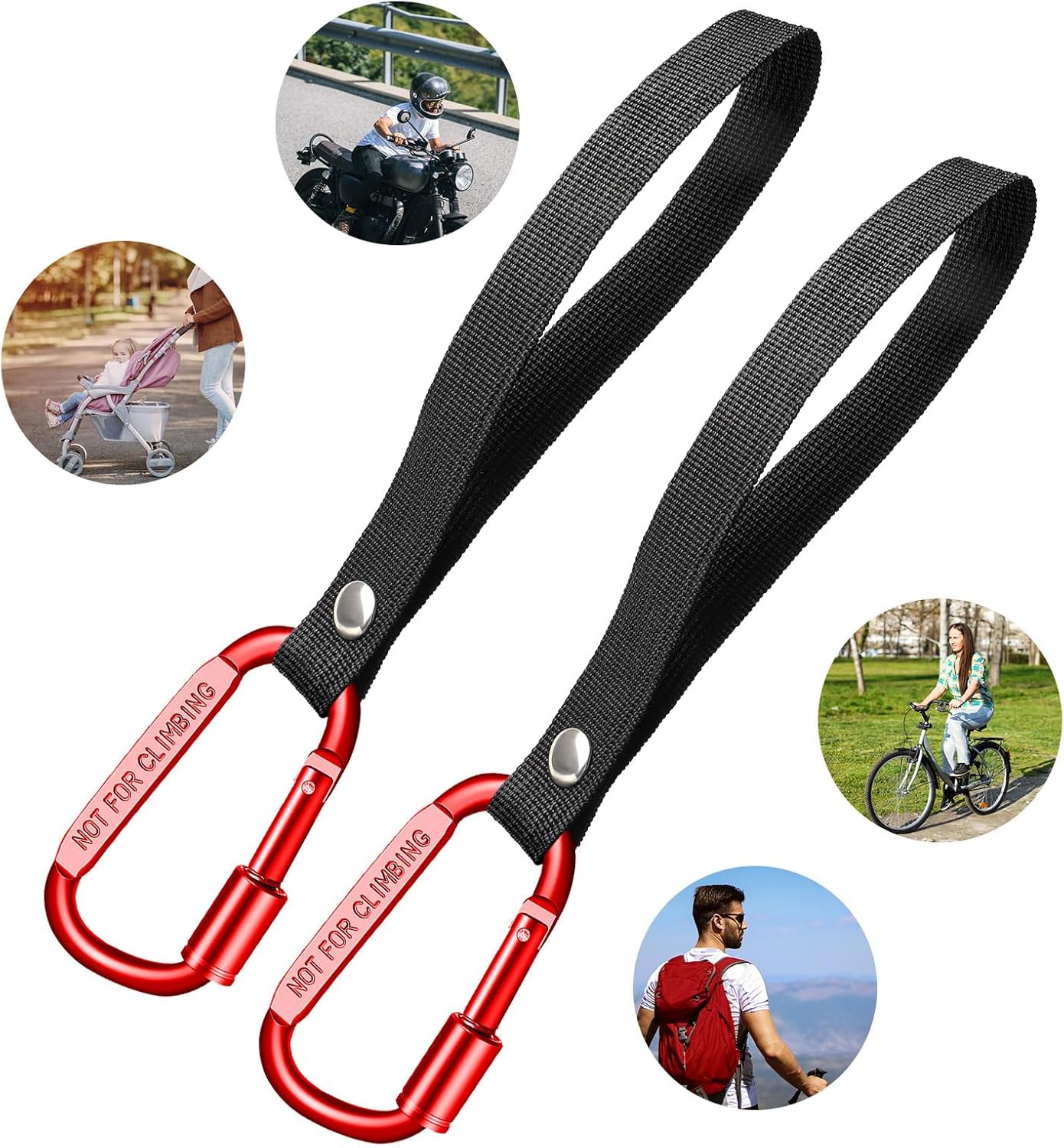 Stroller Hooks for Bags with Locking Stroller Carabiner Clip – Heavy-Duty Hooks for Diaper Bags, Groceries, Backpacks on Strollers, Bikes & Shopping Carts (Red, 2 Pieces)