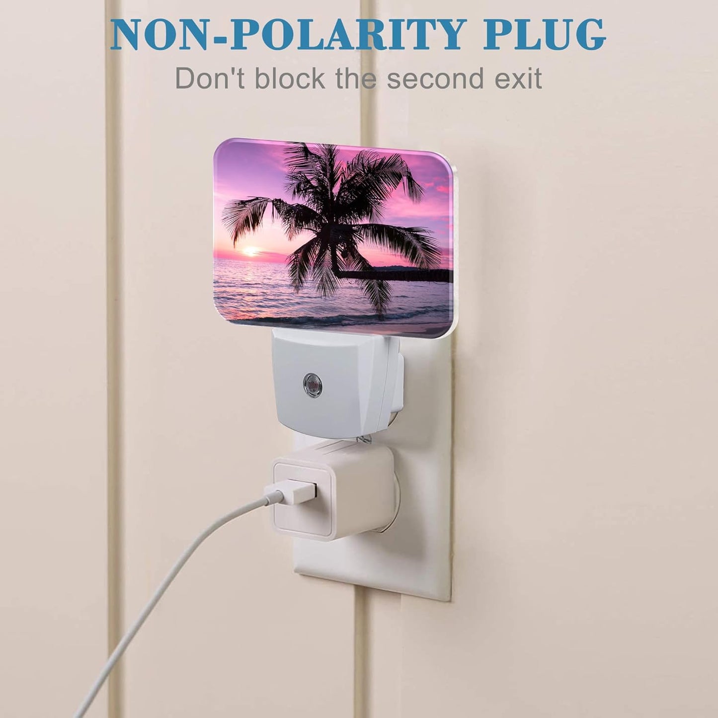 Beautiful Purple Pink Sunset Night Light Tropical Palm Tree Nightlight Plug into Wall with Dusk to Dawn Sensor for Kid Girls Boys Women Men Room, Hallway, Kitchen, Bathroom, Stairs Decor