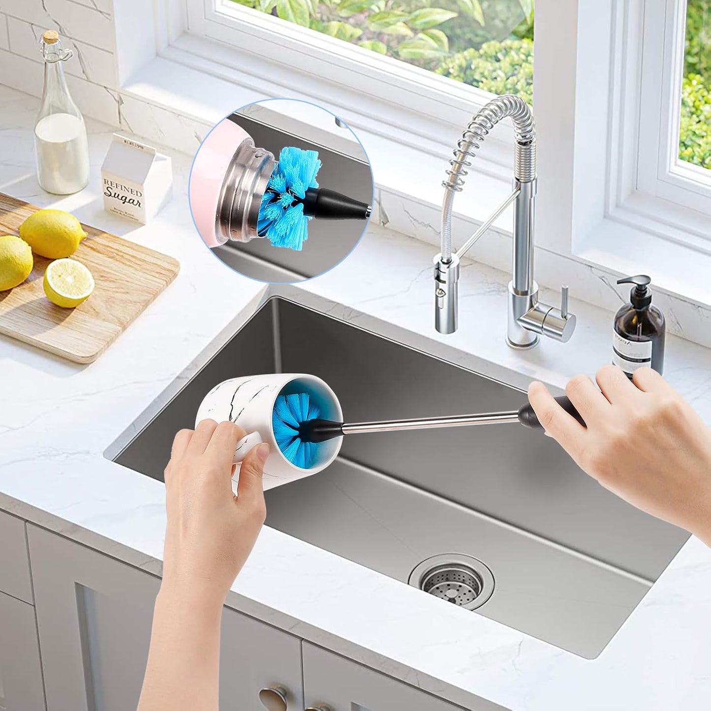 Water Bottle Brush Set, Long Handle 3-in-1 Stainless Steel Water Bottle Scrubbing Brush, Cleaning for Narrow Neck Bottles, Sport Bottles, Baby Bottles, Coffee Mugs, Tumblers, Flask(Short Size)