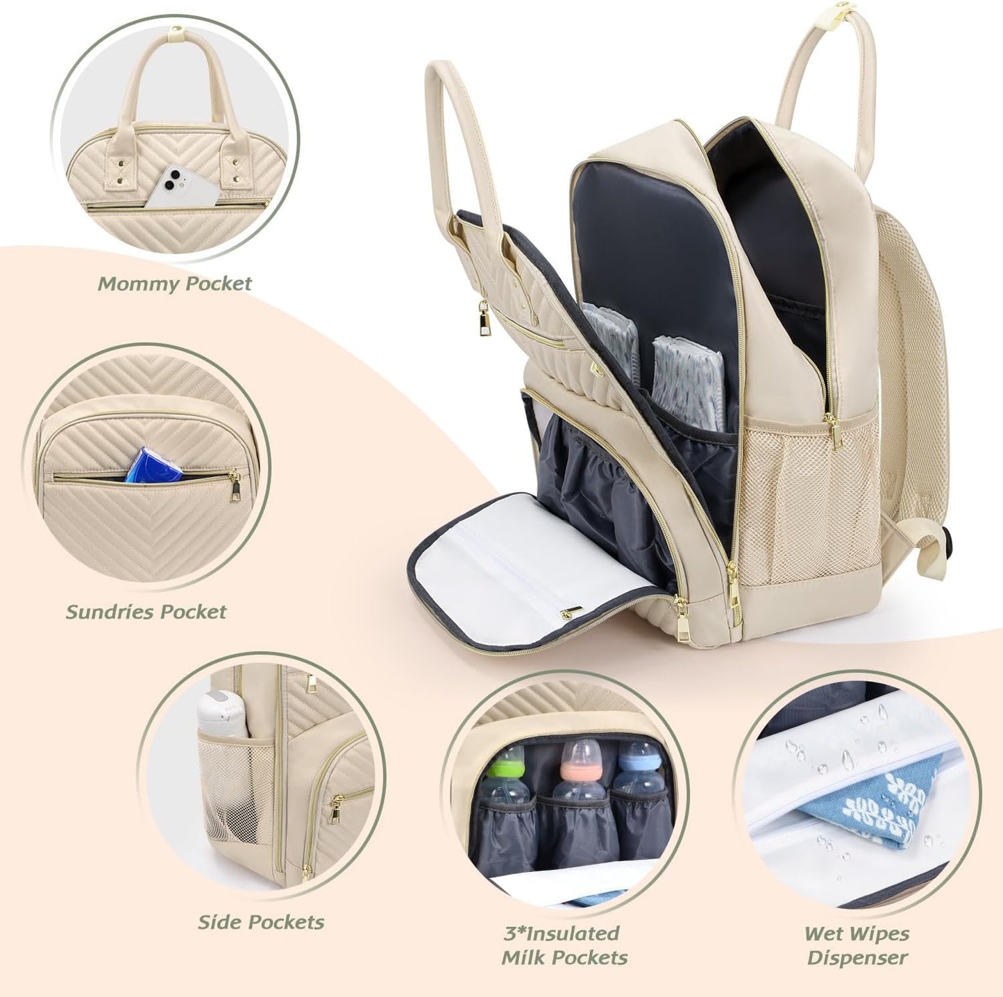 Diaper Bag Backpack,Baby Essentials Diapers Bag with Pacifier Case,Multipurpose Stylish Large Capacity Travel Backpack for Baby Girl/Boy(L-Beige)