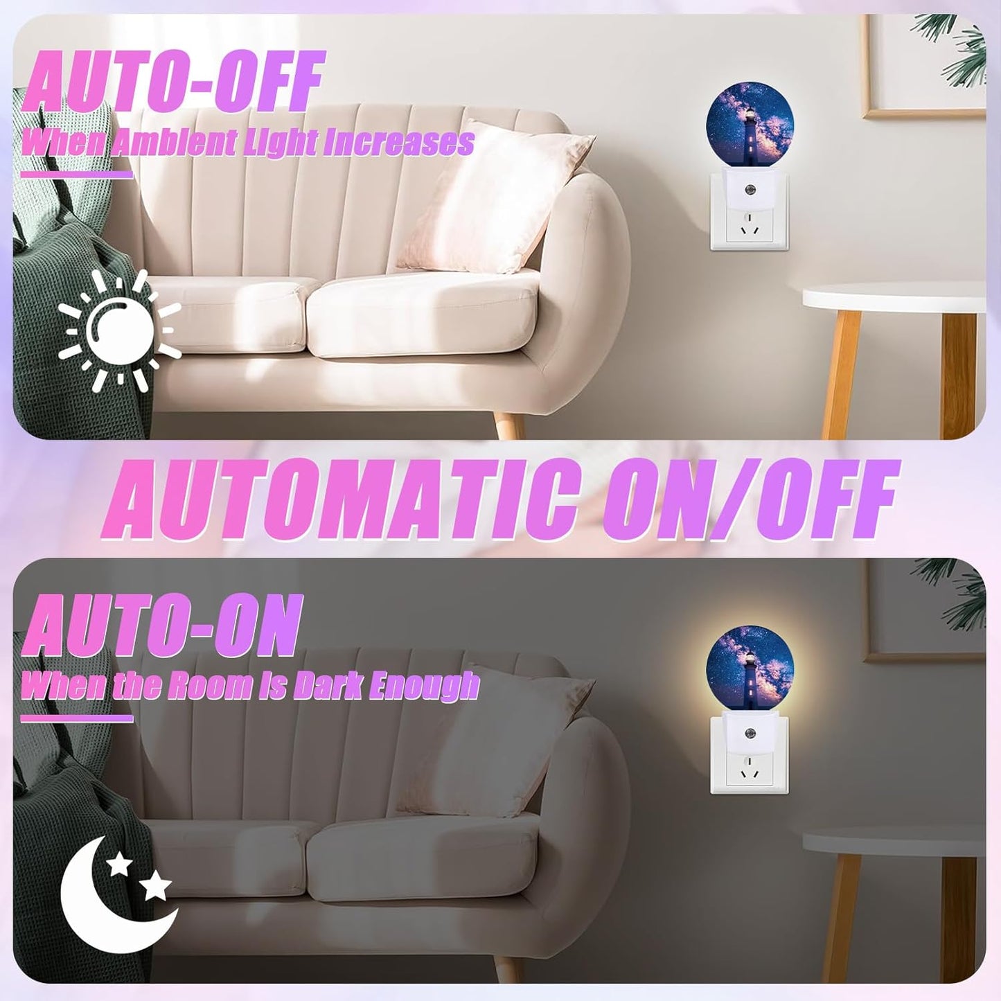 Nautical Lighthouse Night Light Starry Sky Night Lights LED Lamp Round Plug into Wall Nightlight with Dusk to Dawn Sensor Home Hallway Stairway Kitchen Decor