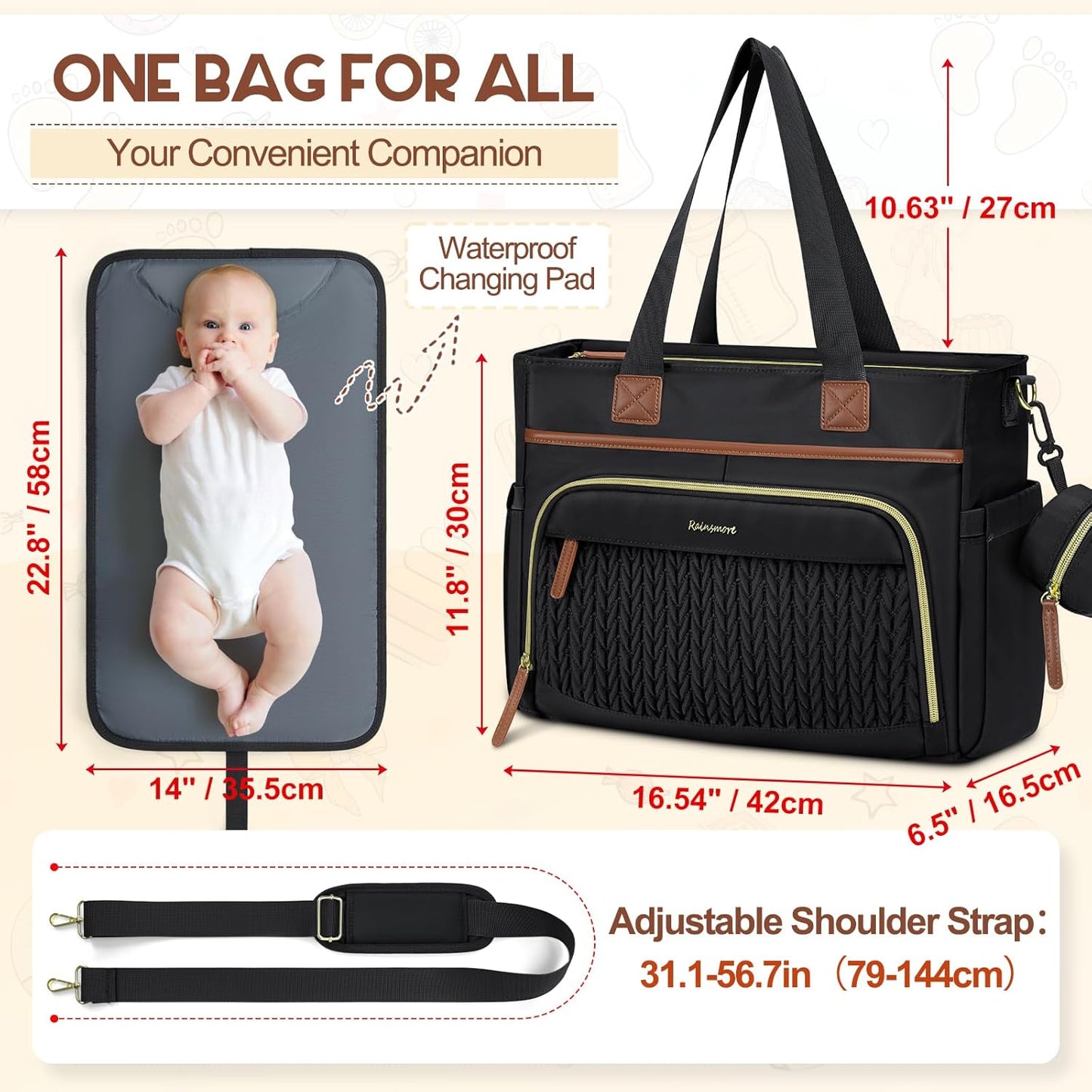 RAINSMORE Diaper Bag Tote, Large Diaper Baby Bag Waterproof Multifunctional Diaper Bag with Pacifier Case & Changing Pad
