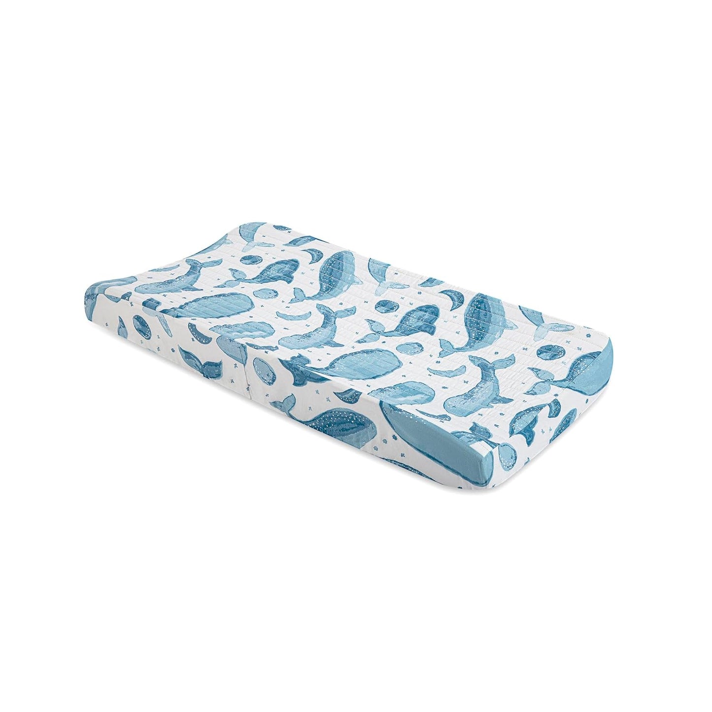 Crane Baby Quilted Changing Pad Cover with Animal Print, Breathable Cotton Sateen, Fits Standard 16”X32” Pads, Ocean Whale Blue