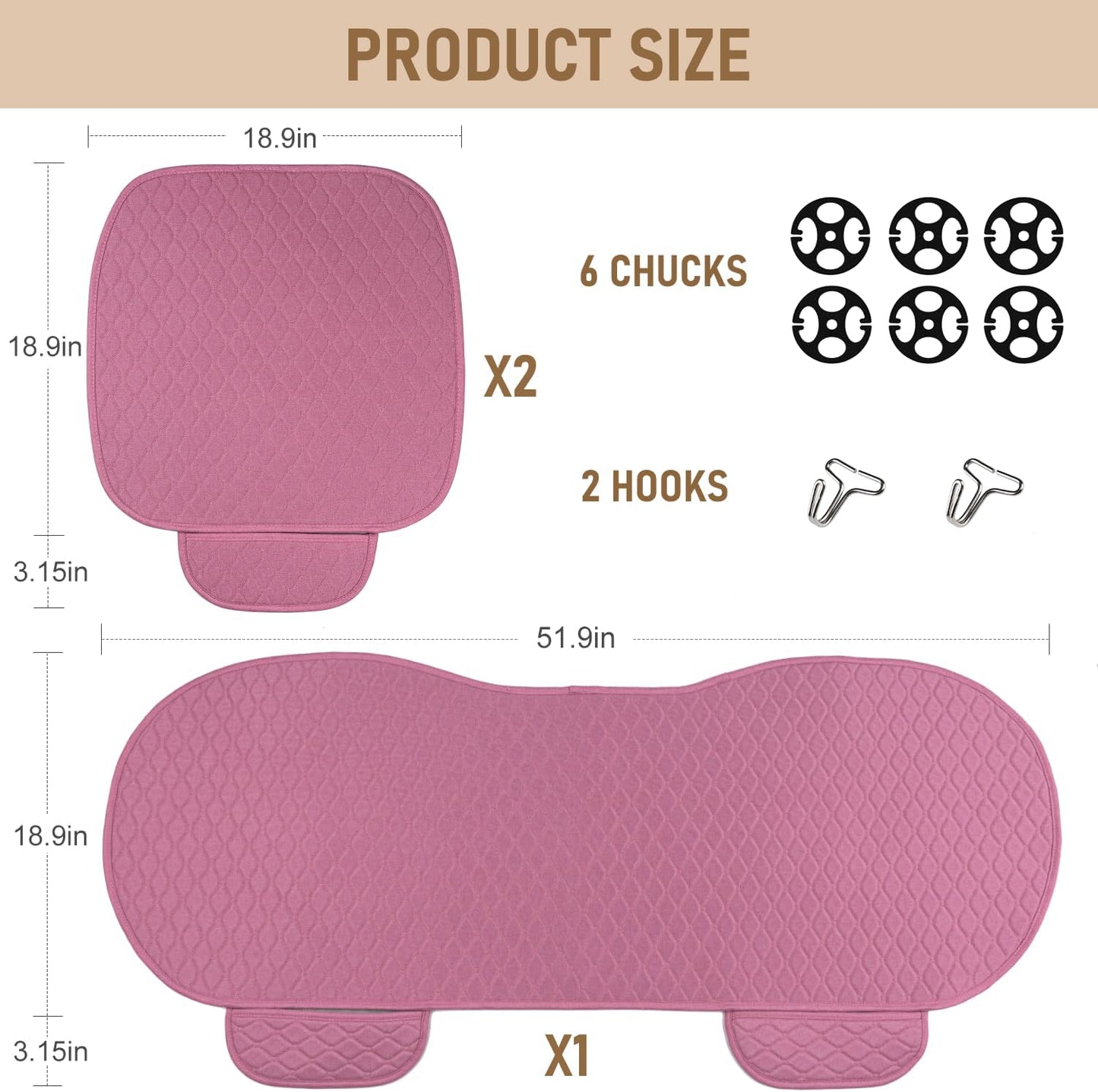 3 PCS Linen Car Seat Covers with Storage Pocket, Back Seat Covers Protectors with Non-Slip, Breathable Bench Seat Covers Universal Fit for SUVs, Cars, Trucks (Pink)