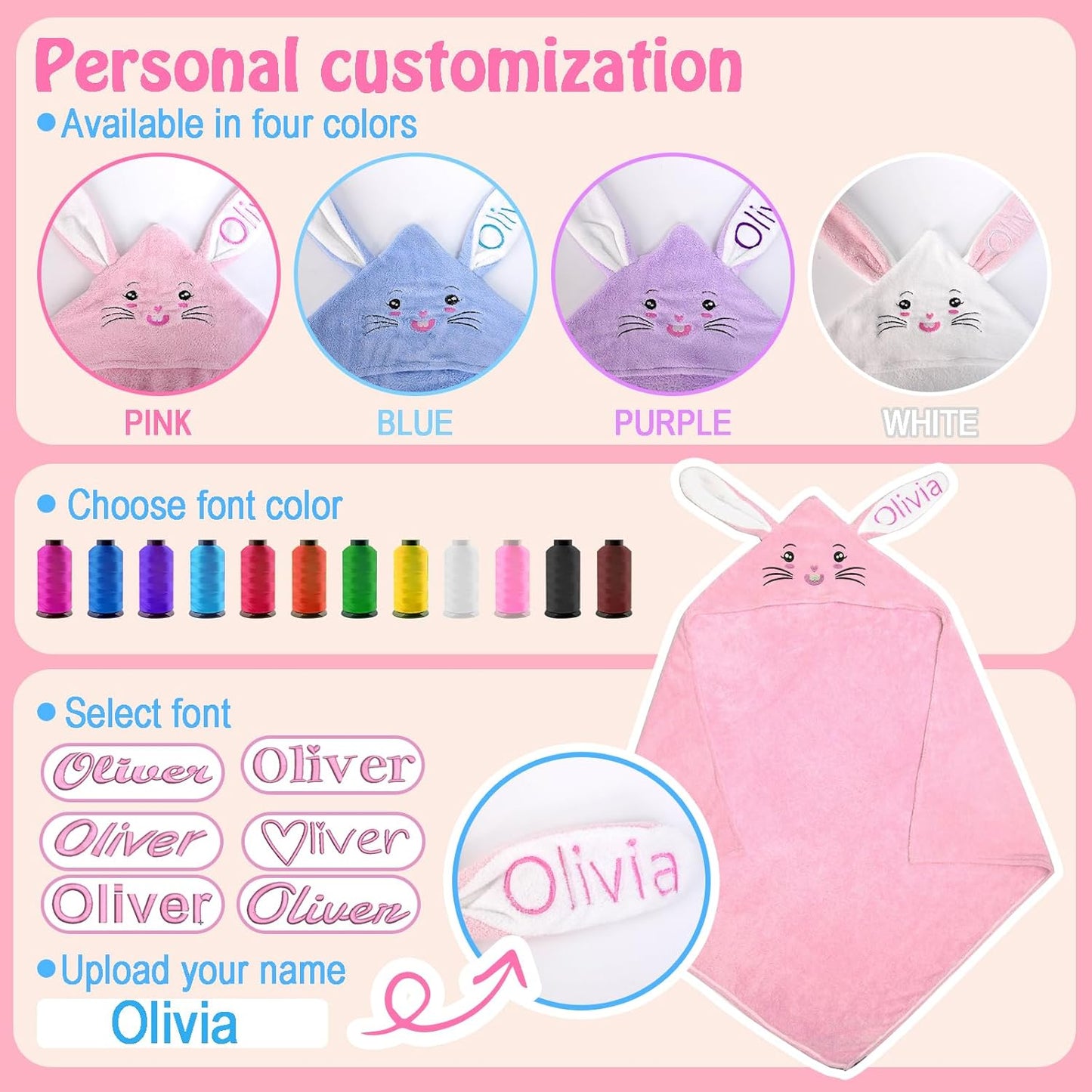 Custom Hooded Bath Towel with Name, Personalized Highly Absorbent Bunny Towels, Baby Bath Towels for Girls Boys, Christmas Brithday Shower Gifts for Baby, Toddler, Newborn (Pink)