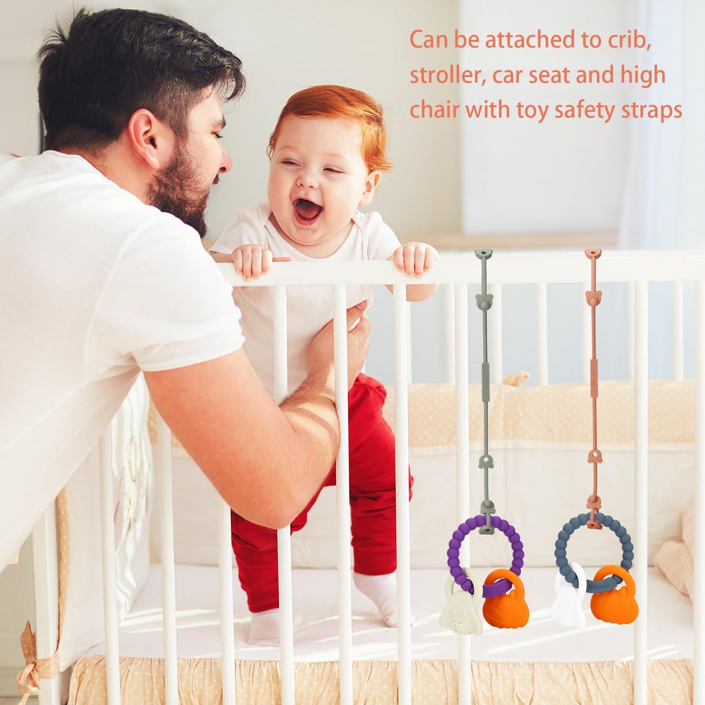 Silicone Teething Ring Toy, Halloween Baby Teether Toys with Rattles Pumpkin and Ghost, Sensory Chew Toys for Babies 3-6-12 Months to Soothe Sore Gums,Dark Grey