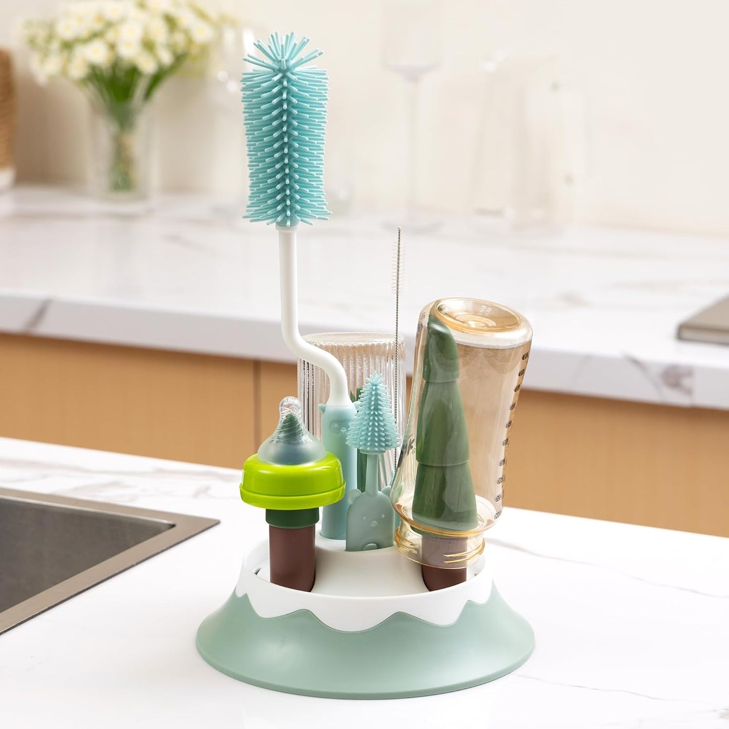 Chemimoso Baby Bottle Drying Rack and Cleaning Set, with Spinning Silicone Baby Bottle Brush, Pacifier Brush, Straw Brush, Cup Lid Cleaning Brush, 2025 Xmas Holiday Surprise Gift for Newmom, Blue
