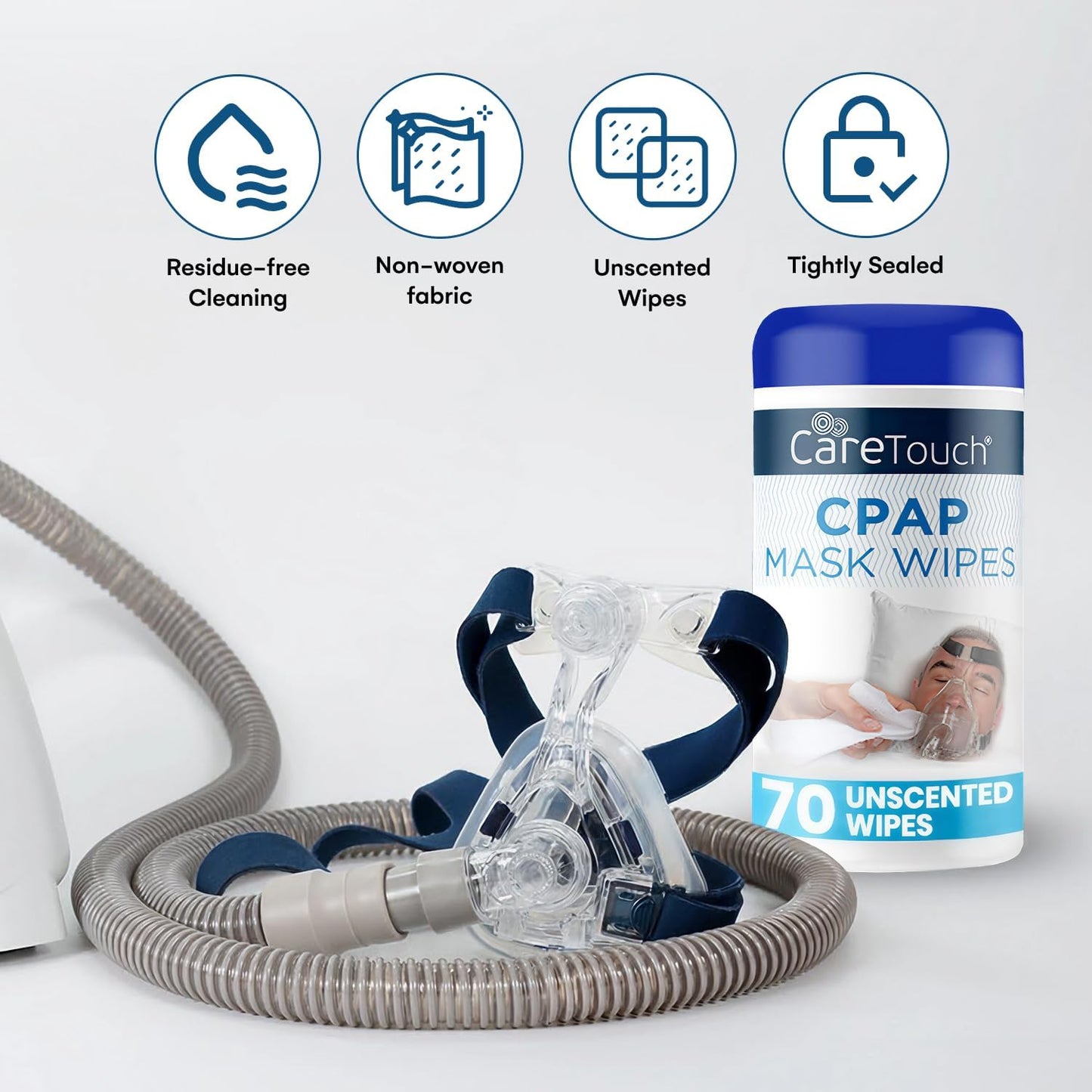Care Touch CPAP Wipes - Unscented | CPAP Cleaner | 3 Packs of 70 Unscented Mask Cleaning Wipes - 210 Total