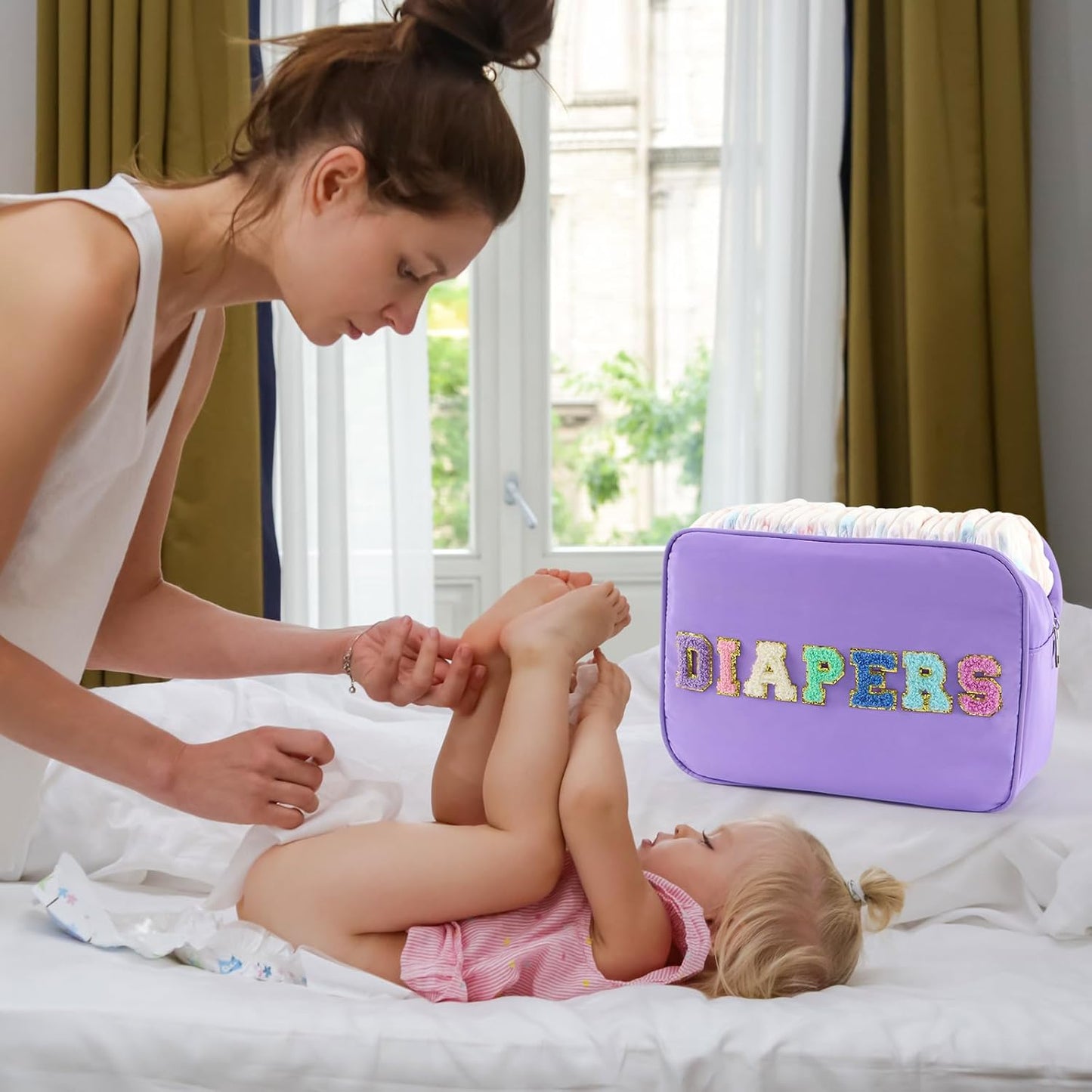 Portable Small Diaper Bag, Chenille Letter Diaper Caddy Organizer Pouch Newborn Baby Essentials Must Haves for Nursery Changing Table, Purple Waterproof Diaper Pail Baby Shower Gifts for Mom To Be