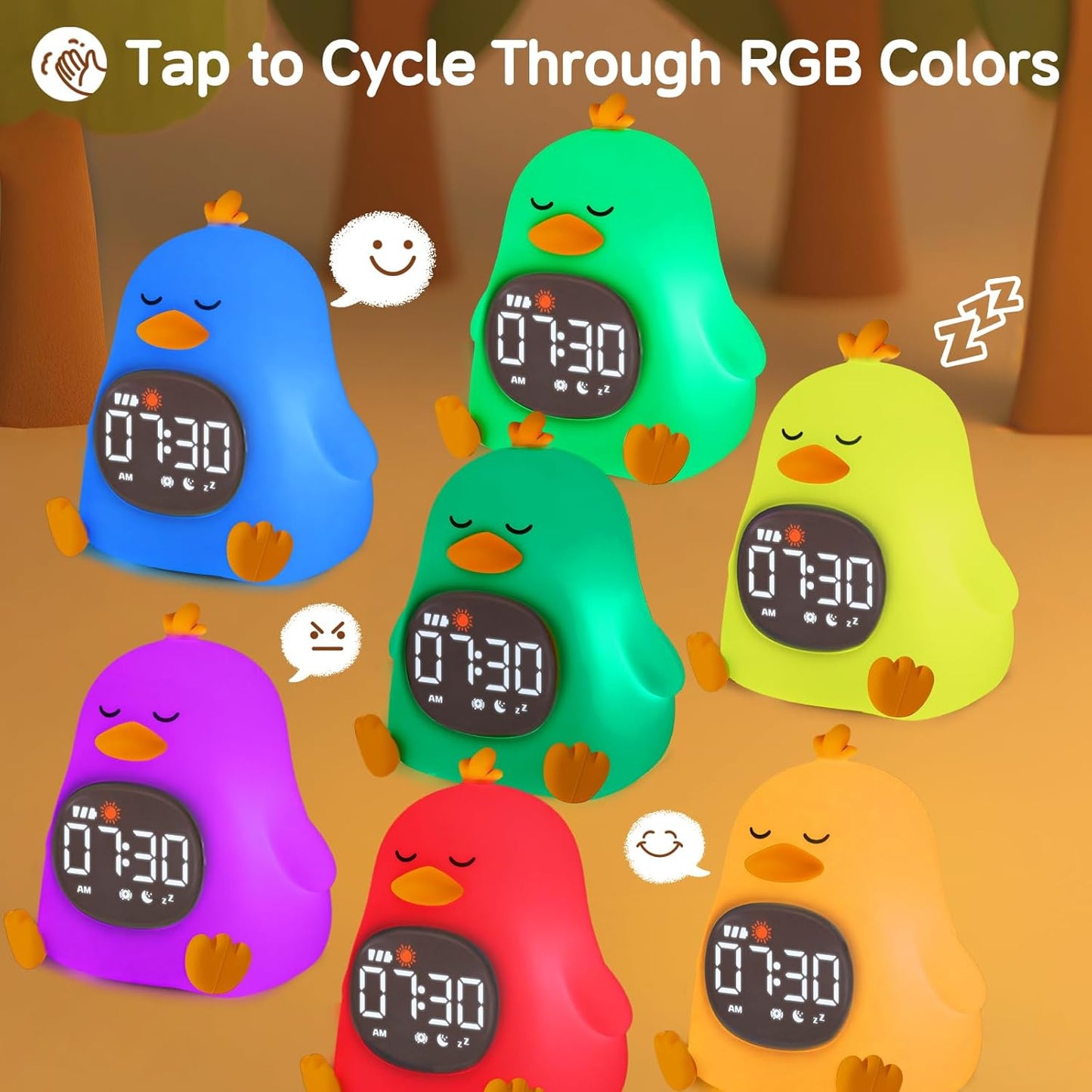 Alarm Clock for Kids with Night Light, Sleep Training Clock Time to Wake Clock, Rechargeable Silicone Light for Bedroom, Perfect Sleep Companion for Boys Girls, Sleepy Duck