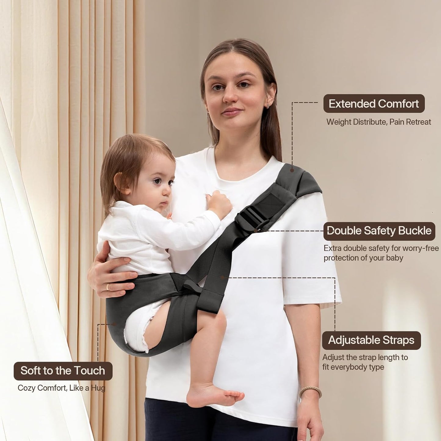 Toddler Carrier for 25-60 lbs,Comfortable&Lightweight Baby Sling Carrier,Adjustable with Left/Right Shoulder Straps,One Size Fits All,Ideal for Shopping and Travel-Grey