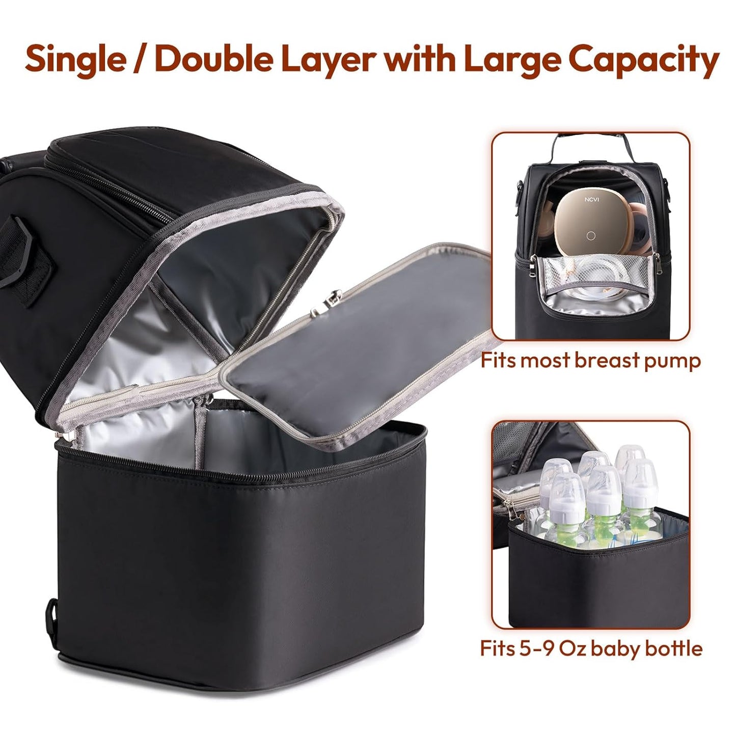 NCVI Breastmilk Cooler Bag with 2 Ice Pack, Breast Pump Bag with Cooler Fits 6 Bottles, Double Layer Breast Milk Travel Bag Baby Bottle, for Travel, Nursing Mom Daycare, Work, Picnic (Black)