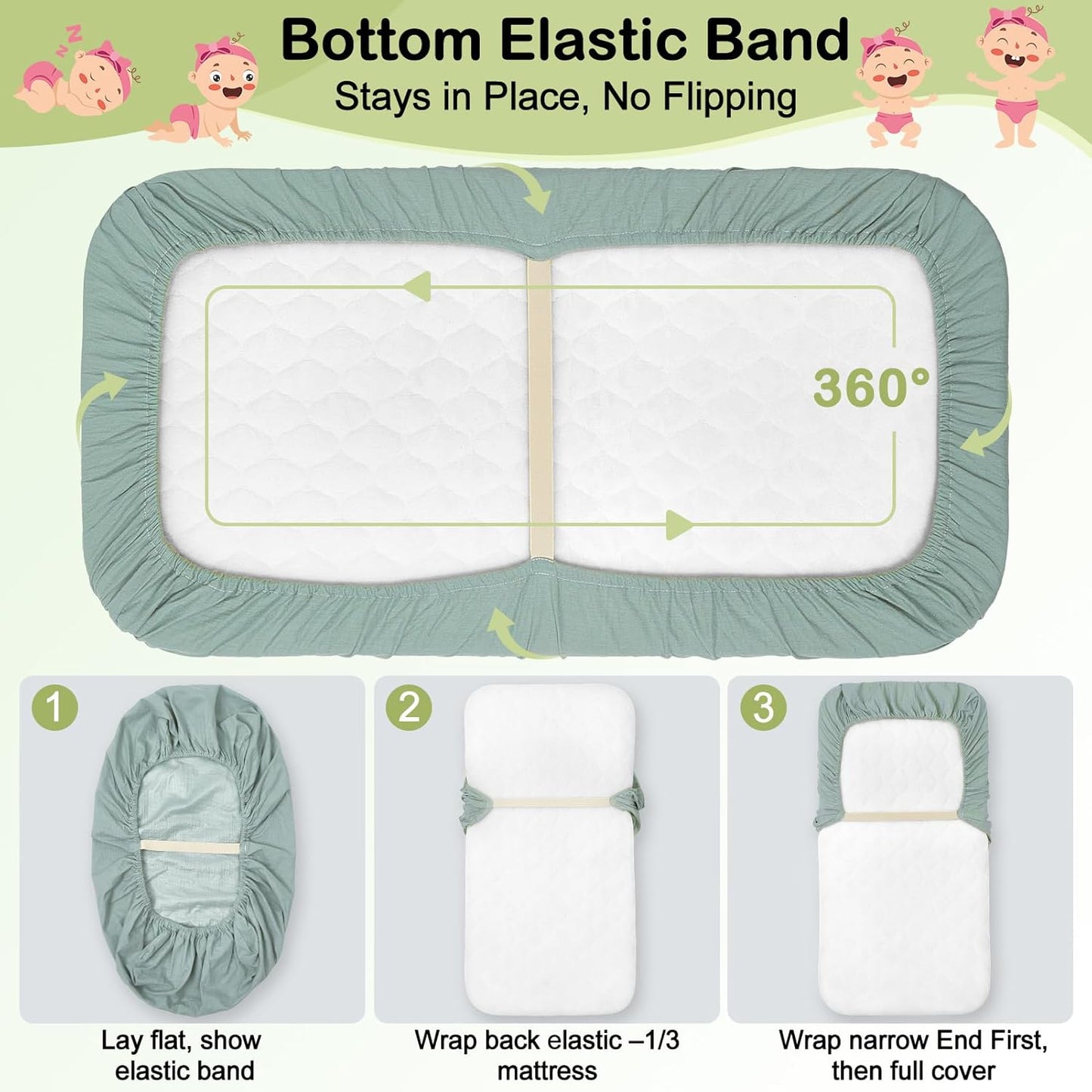 Baby Bassinet Sheets TPU Waterproof 2 Pack Soft Muslin Bedside Bassinet Mattress Sheets with Bottom Elastic Band for Baby Boy Girls Unisex Fit Hourglass Oval and Rectangle, Green Dinosaur