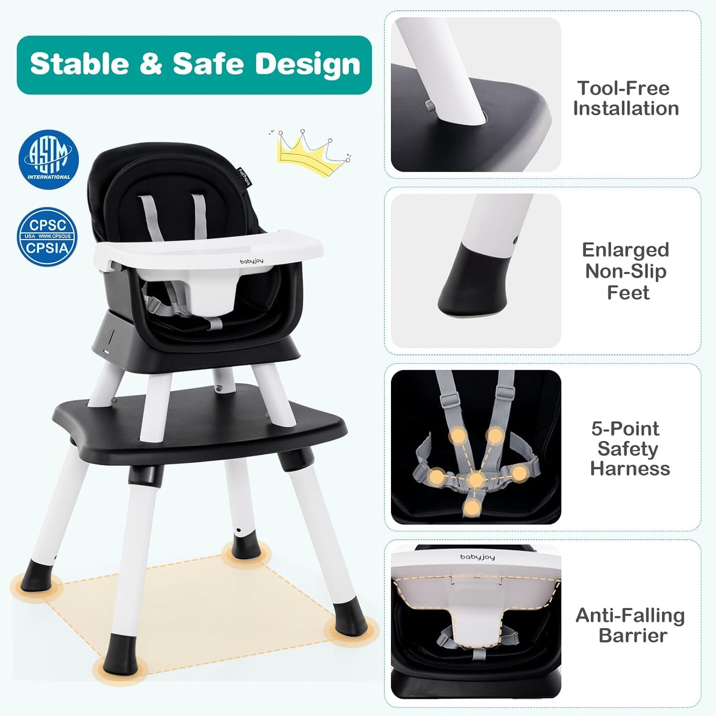 BABY JOY Baby High Chair, 8 in 1 Convertible Highchair for Babies & Toddlers | Booster Seat | Table and Chair Set | Building Block Table | Toddler Chair with Safety Harness, Removable Tray (Black)