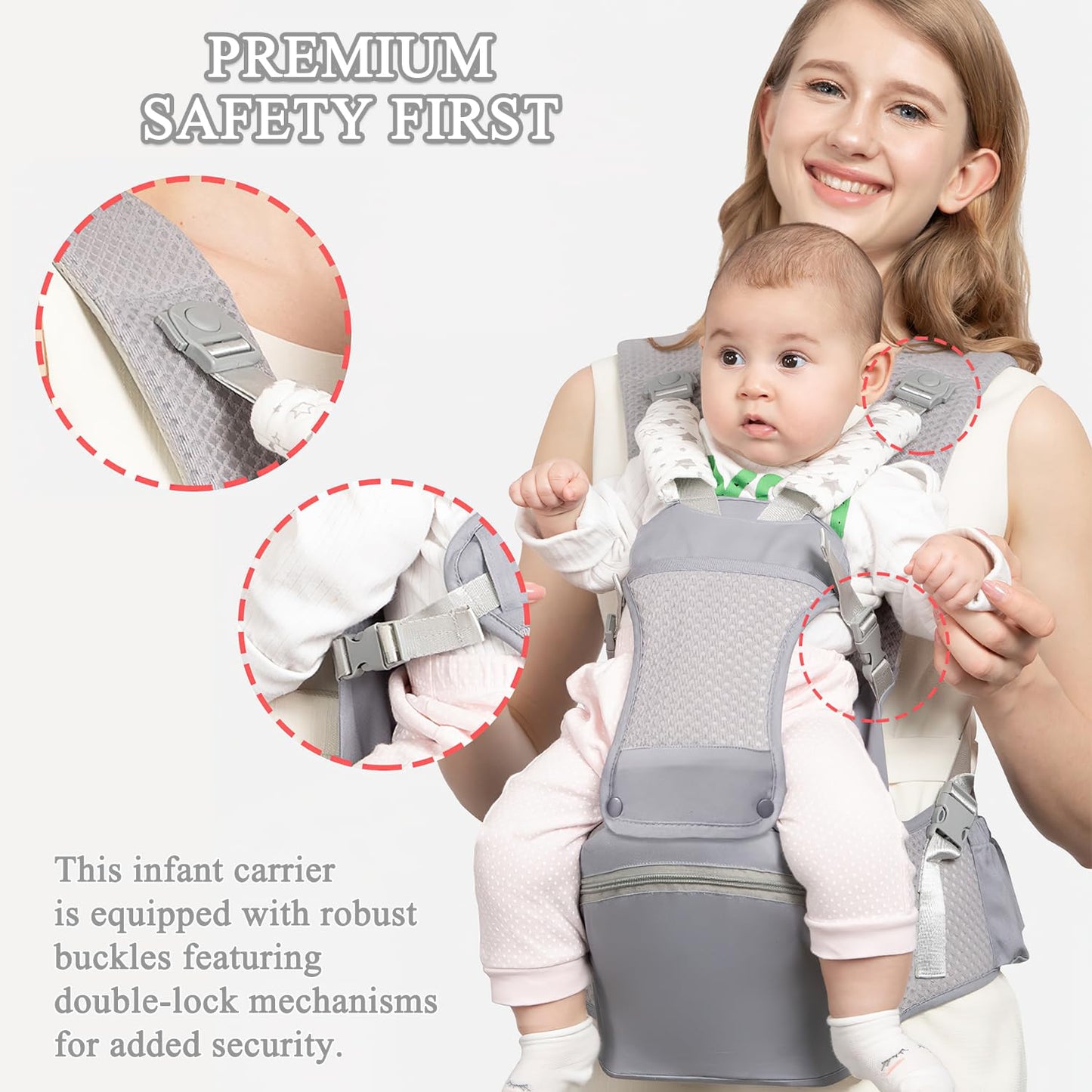 Baby Carrier with Hip Seat for Newborn to Toddler, 6-in-1 Ergonomic Infant Carrier for 0-36 Month Baby, All Positions Soft Breathable Mesh Wrap Carrier with Waist Stool, Baby Holder-Grey