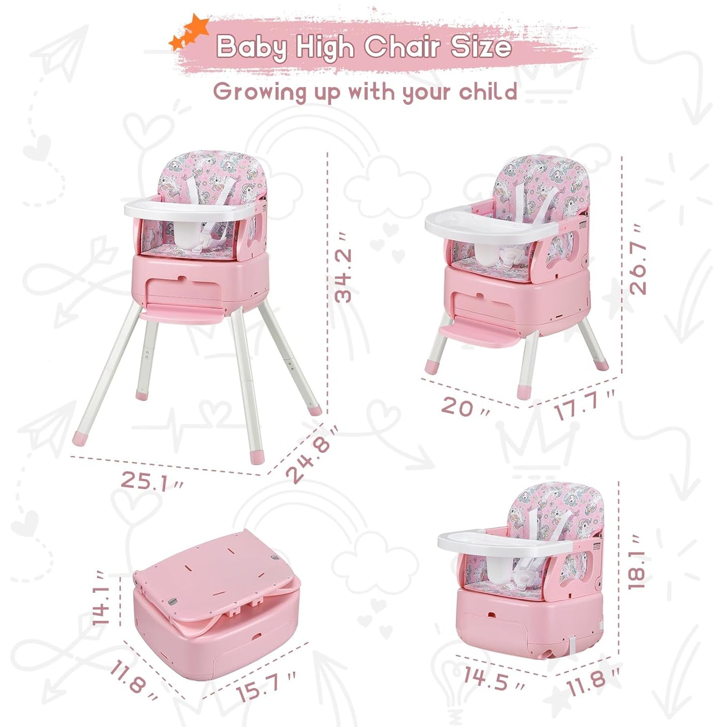 4 in 1 Portable Baby High Chair,Convertible Highchair for Babies & Toddlers-Foldable Infant Booster Seat,Carry Small Box,Dining Chair,Toddler High Chair with 5-Point Harness,Removable Tray-Pink
