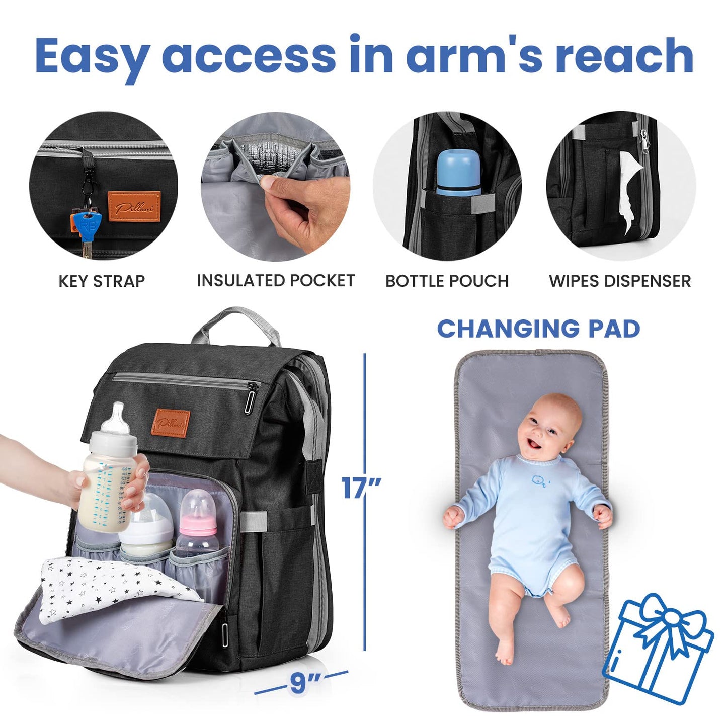 PILLANI Baby Diaper Bag Backpack - Large Bag for Boys & Girls, Waterproof Diaper Backpack - Travel Diaper Bags w/Changing Pad, Baby Registry Search & Shower Gifts - Essentials Must Haves Newborn Stuff
