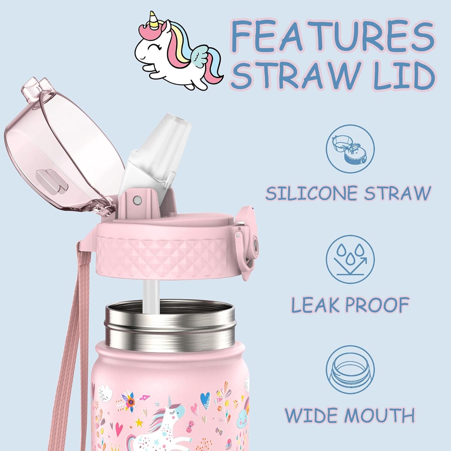 Kids Water Bottle, GOPPUS 14 oz Insulated Water Bottle with Straw, Double Vacuum Leakproof, BPA Free, for Boys and Girls,Pink Unicorn