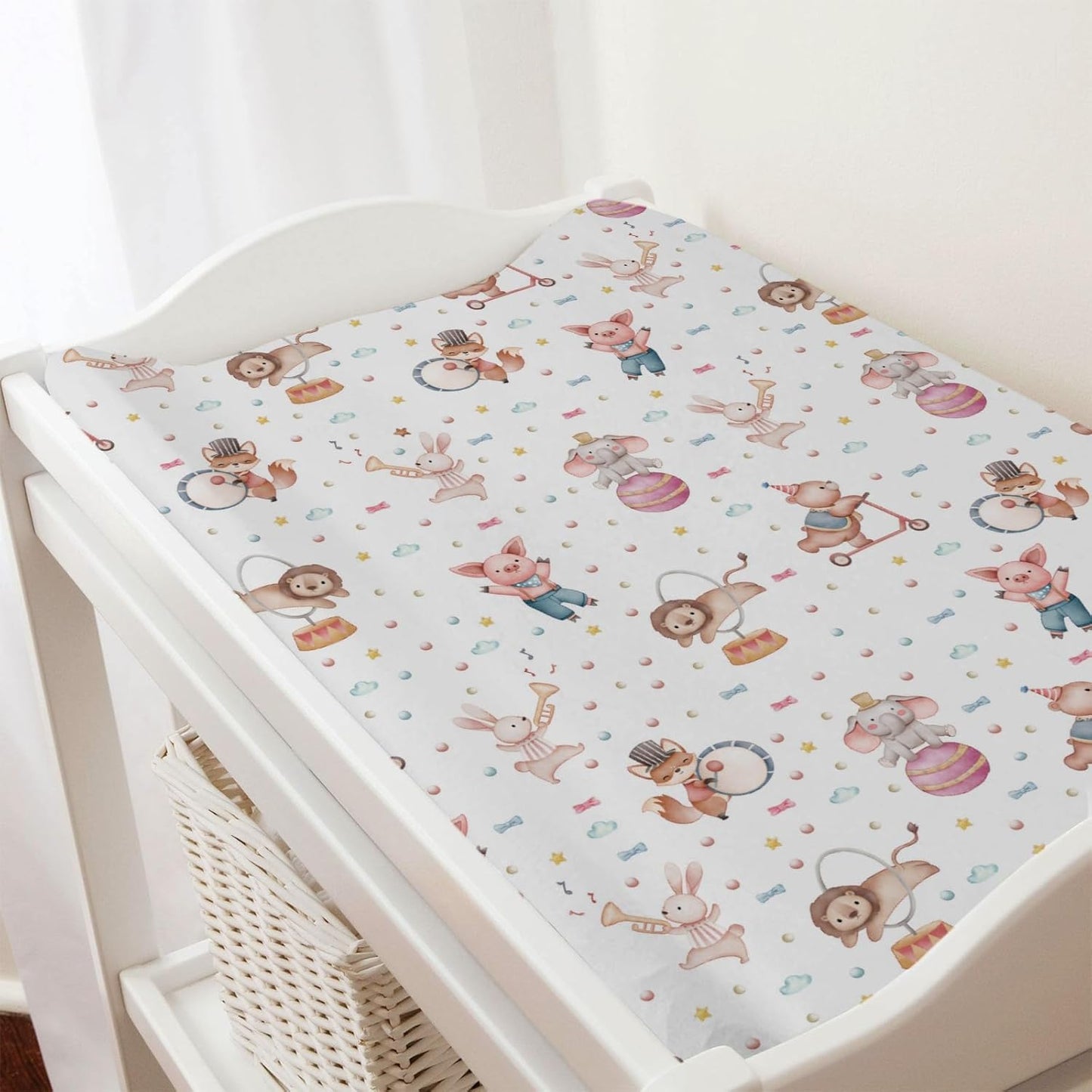Watercolor Circus Animals Changing Pad Cover Cartoon Bear Lion Fox Bunny Elephant Pig Baby Diaper Change Table Sheets for Boy Girl Soft Stretchy Snug Fitted Changing Table Pad Mats 32''x16''