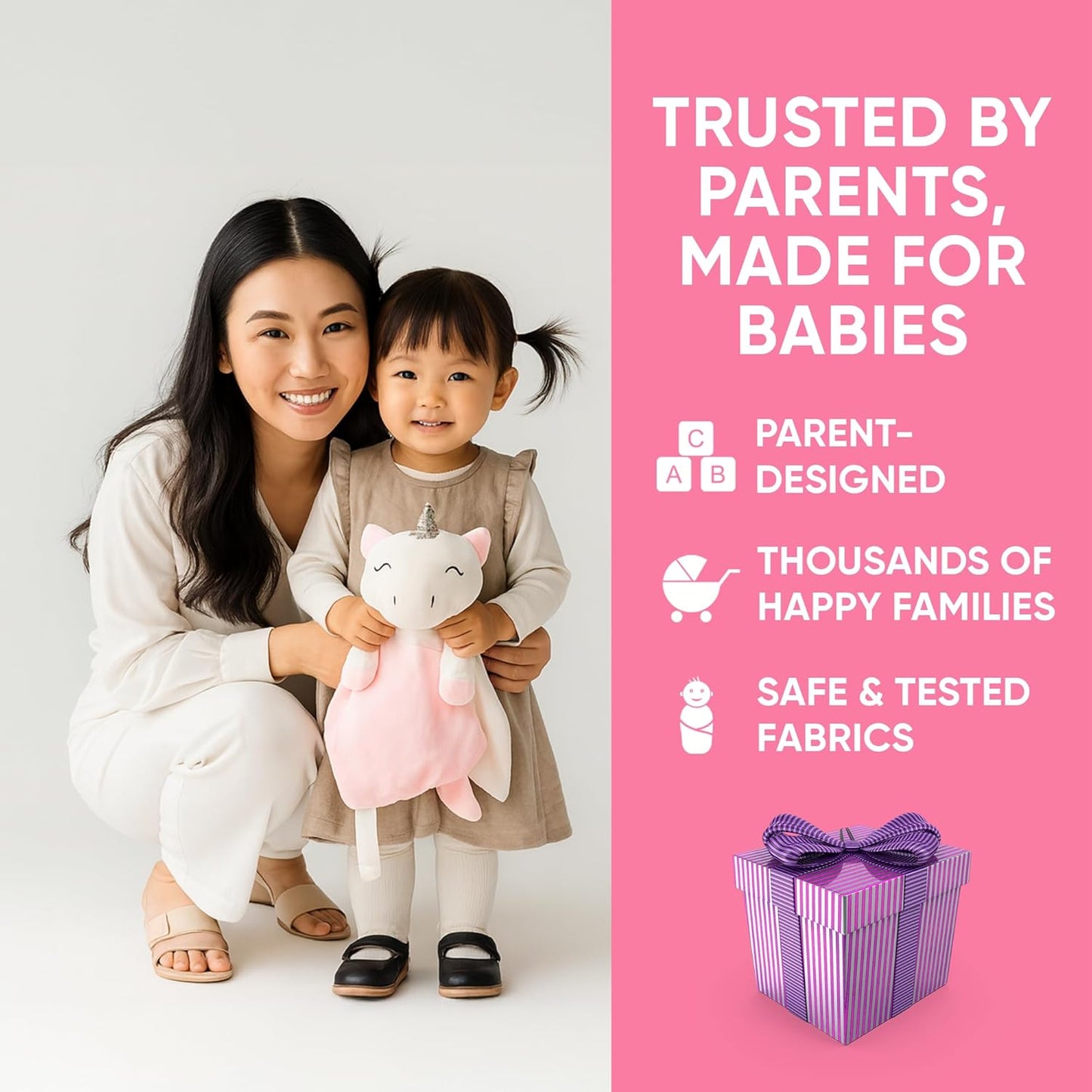 Baby Sleep Soother Pink & White Unicorn Plush with Heartbeat & Lullaby Sounds, 4-in-1 Sound Machine, Security Blanket & Pacifier Holder, Baby Registry Essential & Christmas Gift for Newborns & Infants