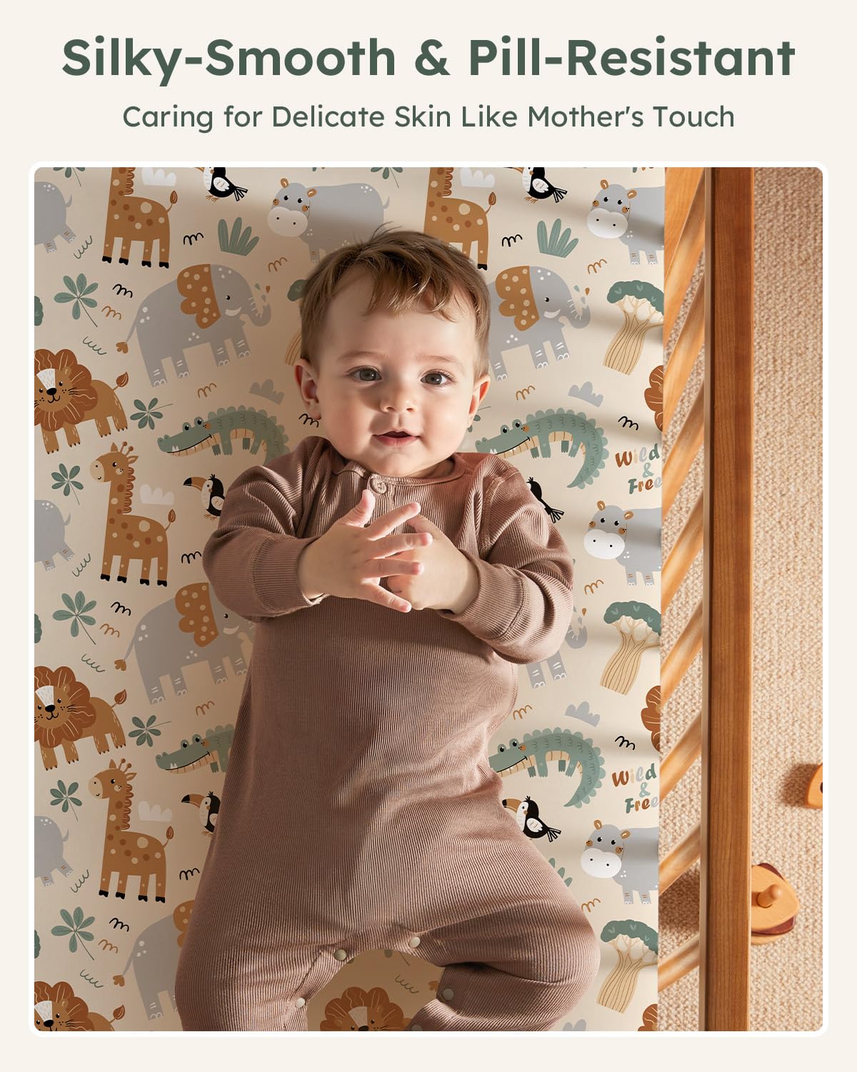 Pack and Play Sheets Fitted 3 Pack, Mini Crib Sheets for Pack N Play Mattress Stretchy Portable Playard Sheets, Soft Breathable Green & Apricot Lion