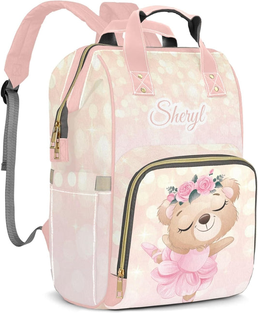 Personalized Diaper Bag for Girls Baby, Large Capacity Custom Pink Bear Diaper Bag with Name, Waterproof Girls Baby Bag Backpack with Adjustable Shoulder Straps Nappy Bag