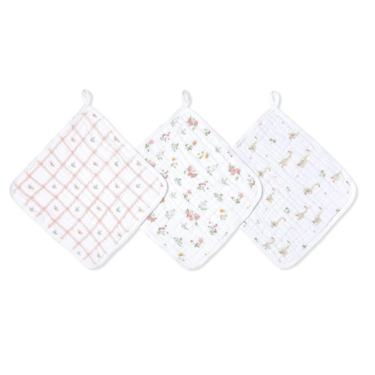 aden + anais Essentials Washcloth 3-Pack, Super Soft 100% Cotton Muslin, Gentle on Skin, 3 Absorbent 11x11 Layers, Softer with Every Use, Perfect for Babies, Infants, Toddlers, Country Floral