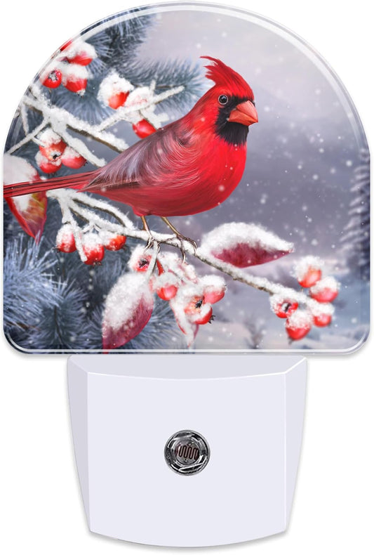 Winter Red Cardinal Bird Night Light for Kids,Christmas Pine Tree Snow Cardinal Night Light Plug in with Dusk to Dawn Sensor,0.5w Energy Saving Nightlight for Hallway Stairway Kitchen Bedroom