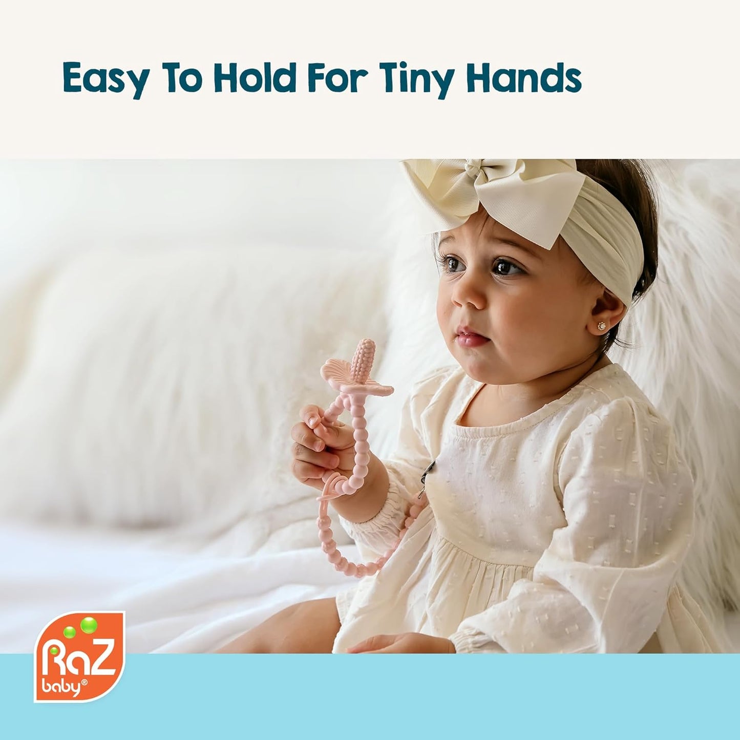 RaZbaby RaZberry Plus Baby Teether – Easy-to-Hold Toy for Front & Back Teething Relief, BerryBumps Texture for Sensory Development, Soothes Sore Gums, BPA-Free, Great Gift for Babies 3M+ – White