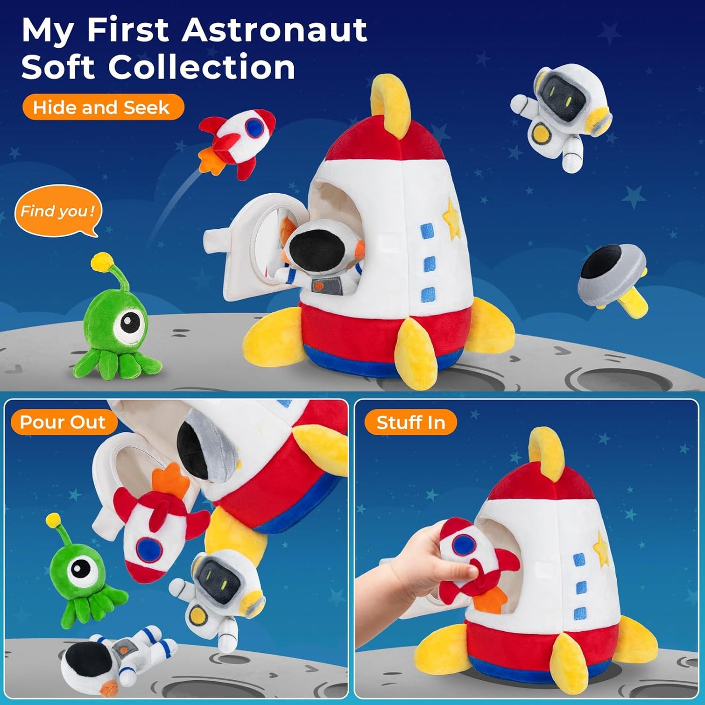 IPOZITO Baby Toys 6-12 Months,Soft Rocket with 5 Sensory Plush Toy, Rattle, Crinkle Paper, Squeaker, Mirror, Busy Montessori Toys for 6 Month Old Christmas Baby Stocking Stuffers