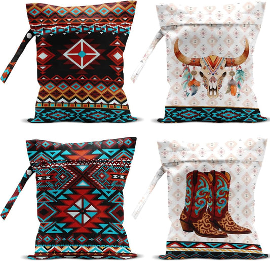 4 Pack Southwestern Boho Aztec Wet Bag Waterproof Washable Reusable Wet Dry Bag for Swimsuit Clothes Cloth Diaper Travel Beach Pool Yoga Gym Toiletries Gift for Women Sister Bestie Birthday Christmas