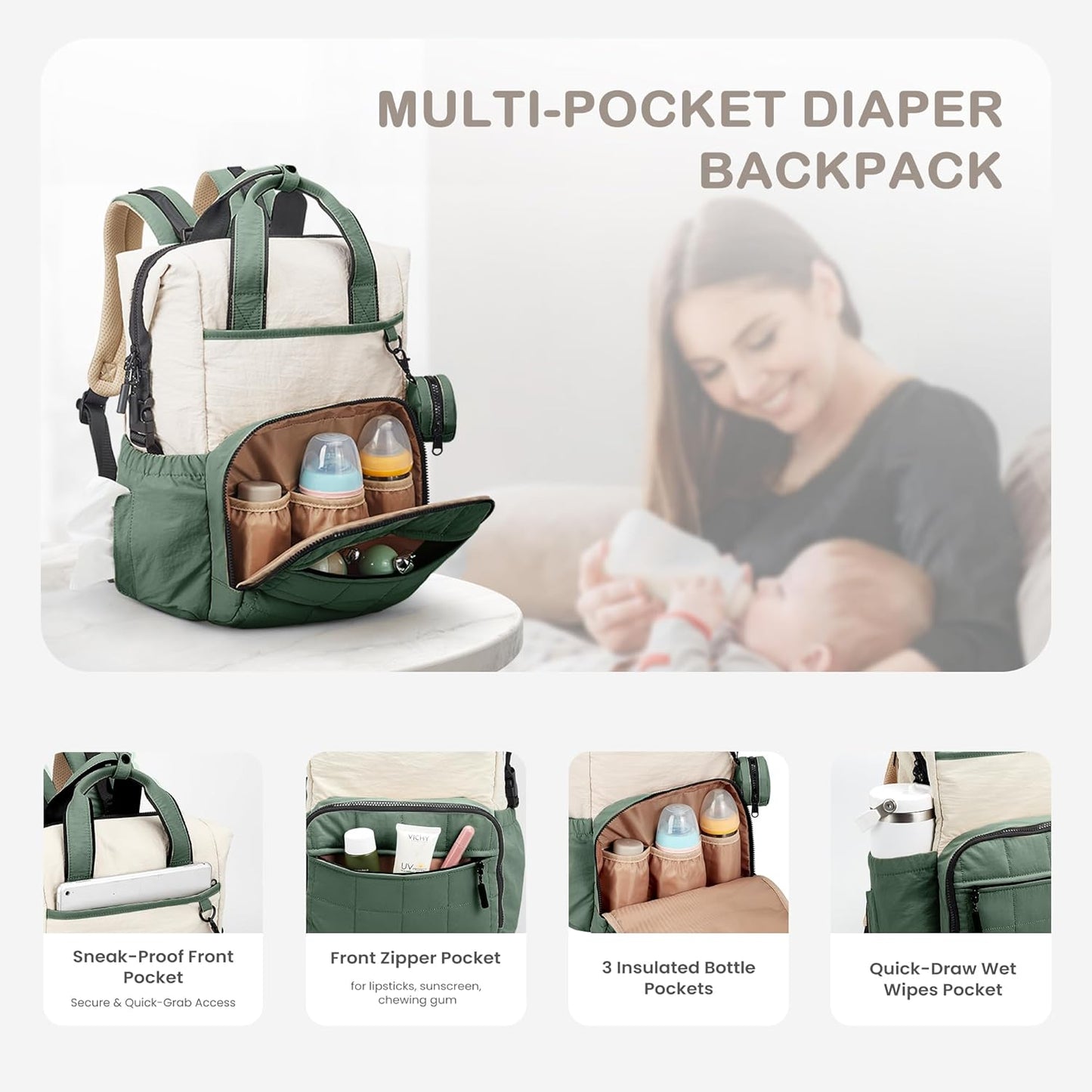 VONAL Diaper Bag Backpack, Lightweight Baby Diaper Bags, Travel Large Diaper Bag with Changing Station, Green Diaper Backpack for Boys Girls Newborn with Insulated Pockets, Stroller Straps