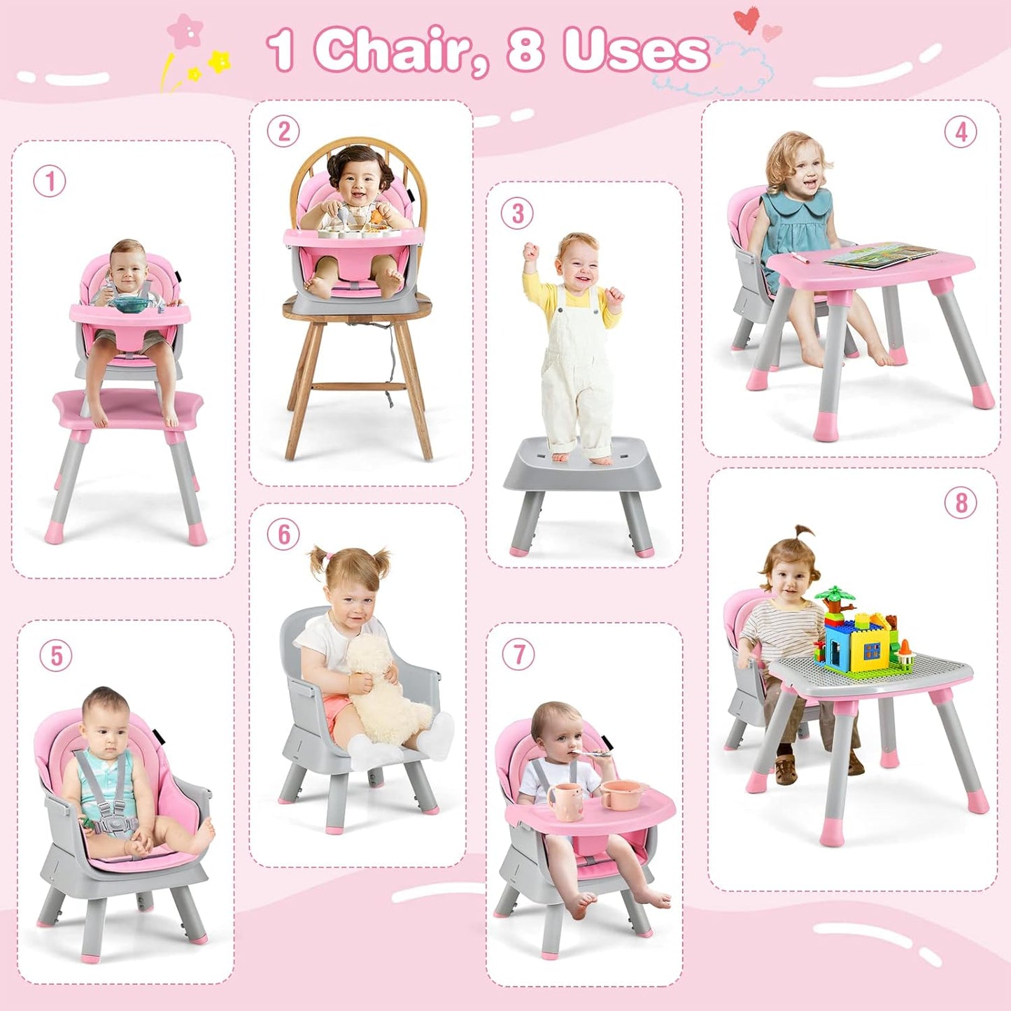 HONEY JOY 8 in 1 Baby High Chair, Convertible Highchair for Babies and Toddlers/Table and Chair Set/Building Block Table/Booster Seat/Stool/Toddler Chair with Safety Harness (Pink)