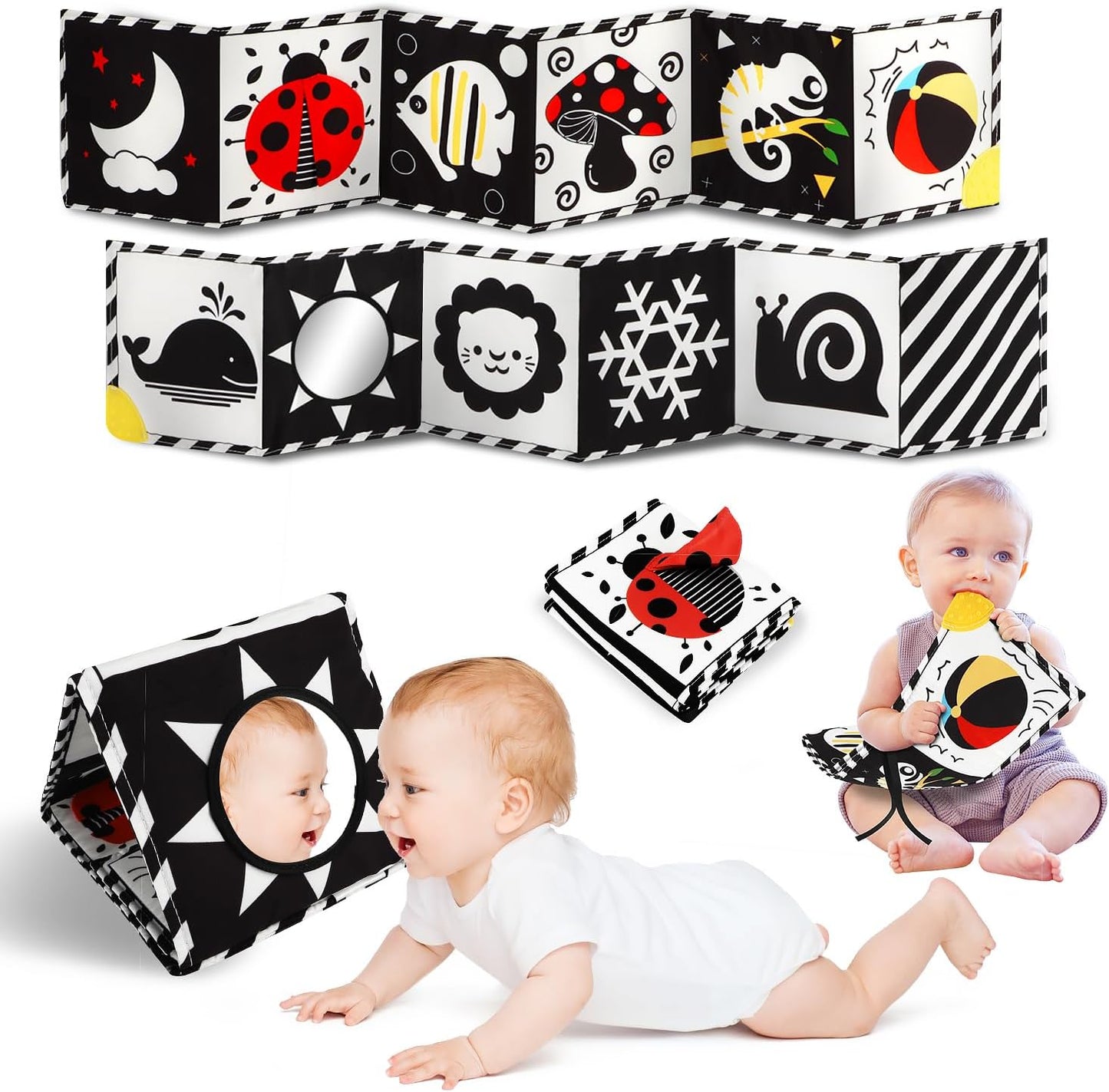 Tummy Time Toys, High Contrast Baby Book with Mirror & Teether, Black and White Infant Books, 0-6-12 Months Soft Book for Newborn, Sensory Books, Tummy Time Car Seat Toys 0-6 Month Boy Girl Gift