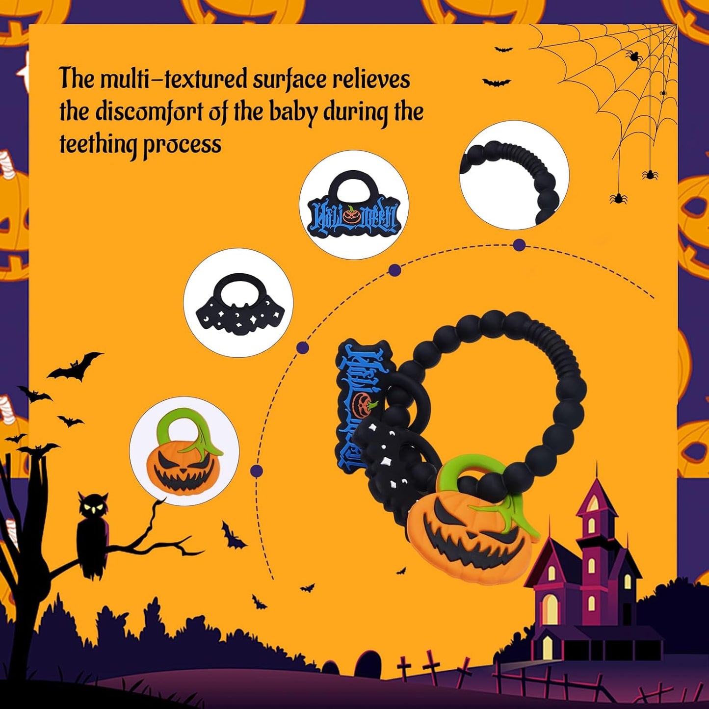 Baby Silicone Halloween Pumpkin Teether Ring Toy,Food Grade Silicone Chew Toys for 0-6,6-12,12-18 Months Newborns,Infants,Toddlers Teething Relief,Safe and Soft,BPA Free,Baby Essentials.