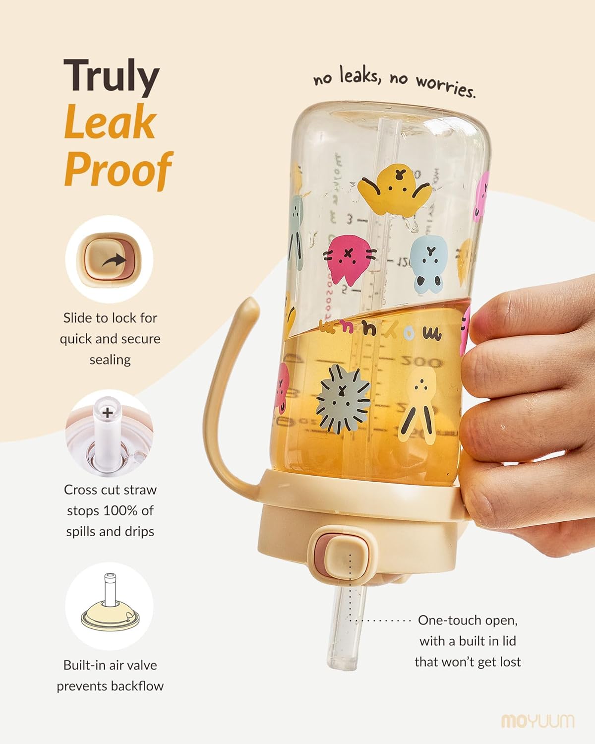 MOYUUM Leak Proof Sippy Cup with Handle | Made in Korea, 100% BPA Free PPSU, Magic No Spill Straw Cup with Attached Flip Top Lid, Easy to Hold for Babies and Toddlers, 9oz Gray