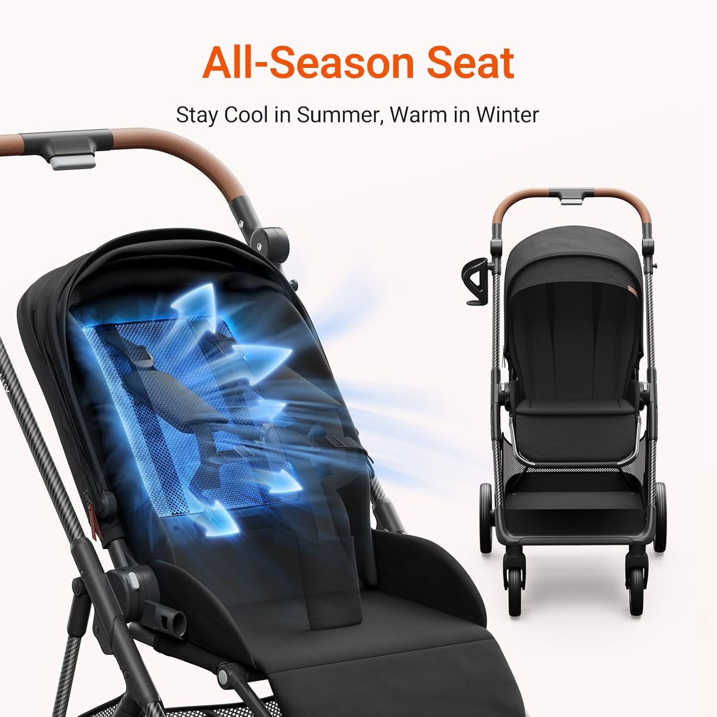 MAMAZING Air Lux Baby Stroller with Bassinet & Infant Car Seat Adapter, Lightweight Compact Carbon Fiber Frame, One-Hand Fold, Reversible Seat, Space-Saving Storage