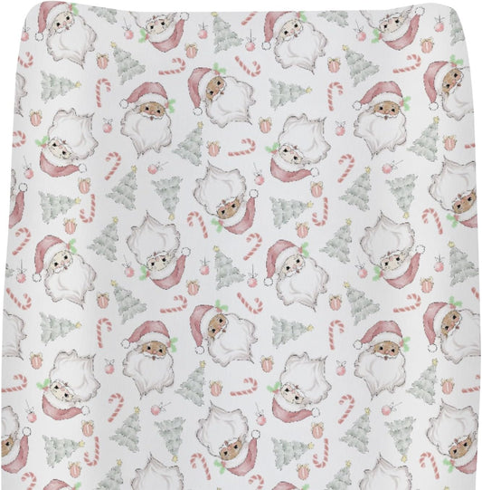 Pastel Santa Christmas Trees Baby Changing Pad Covers for Boys Girls Pink Santa Claus Candy Fitted Changing Table Cover Mats Winter Holiday Festive Soft Diaper Change Table Cover Sheets 32''×16''