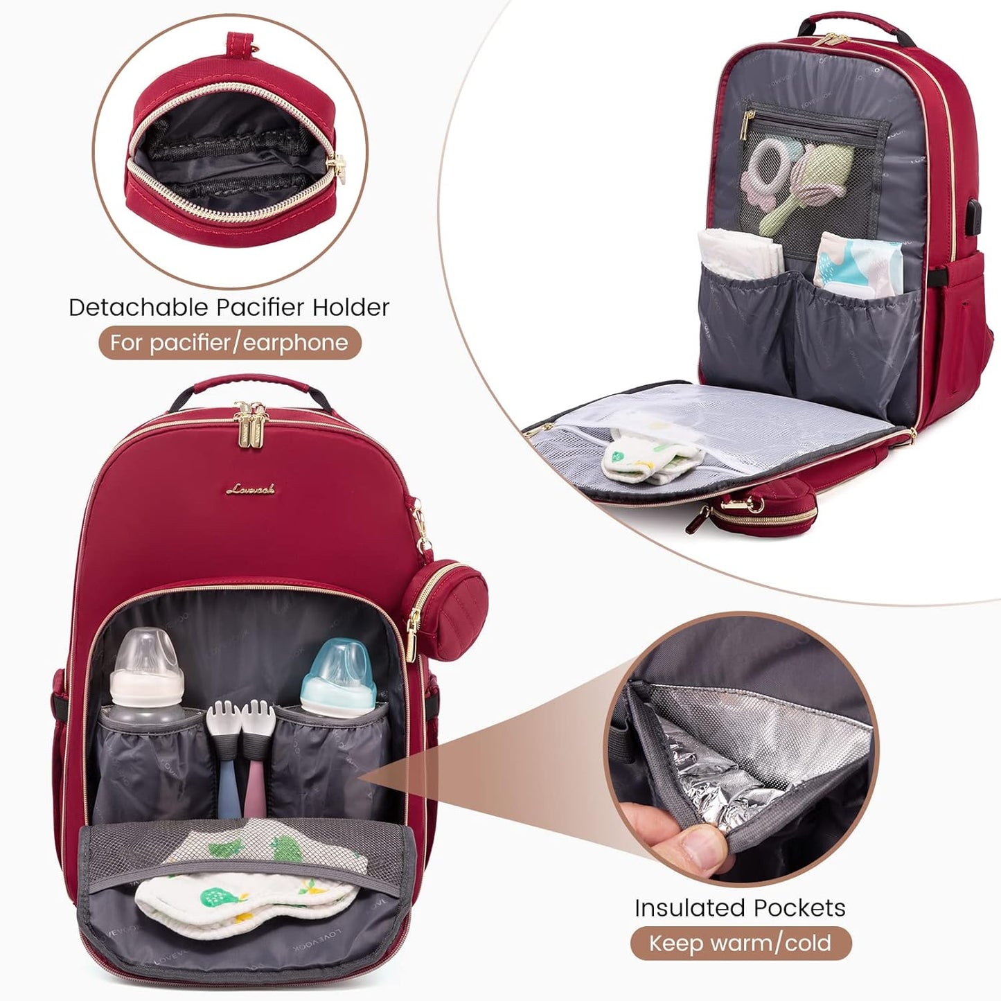 LOVEVOOK Diaper Bag Backpack, Quilted Baby Bag with Changing Pad & Pacifier Holder, Waterproof Travel Diaper Bags for Baby Boys Girls, Stylish and Large Capacity,Wine Red