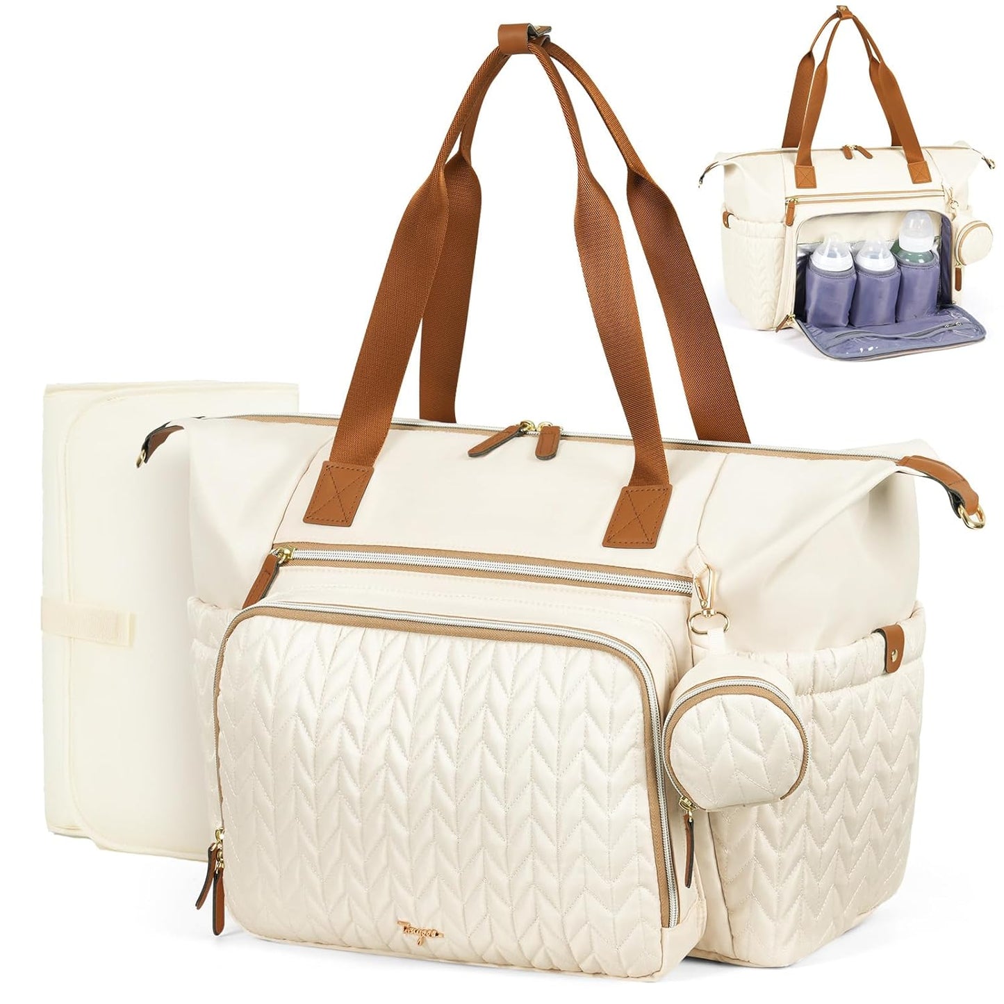 Diaper Bag Tote, Large Baby Diaper Bags Waterproof, Hospital Bag for Labor Delivery with Pacifier Case, Changing Pad, Shoulder Strap, Beige