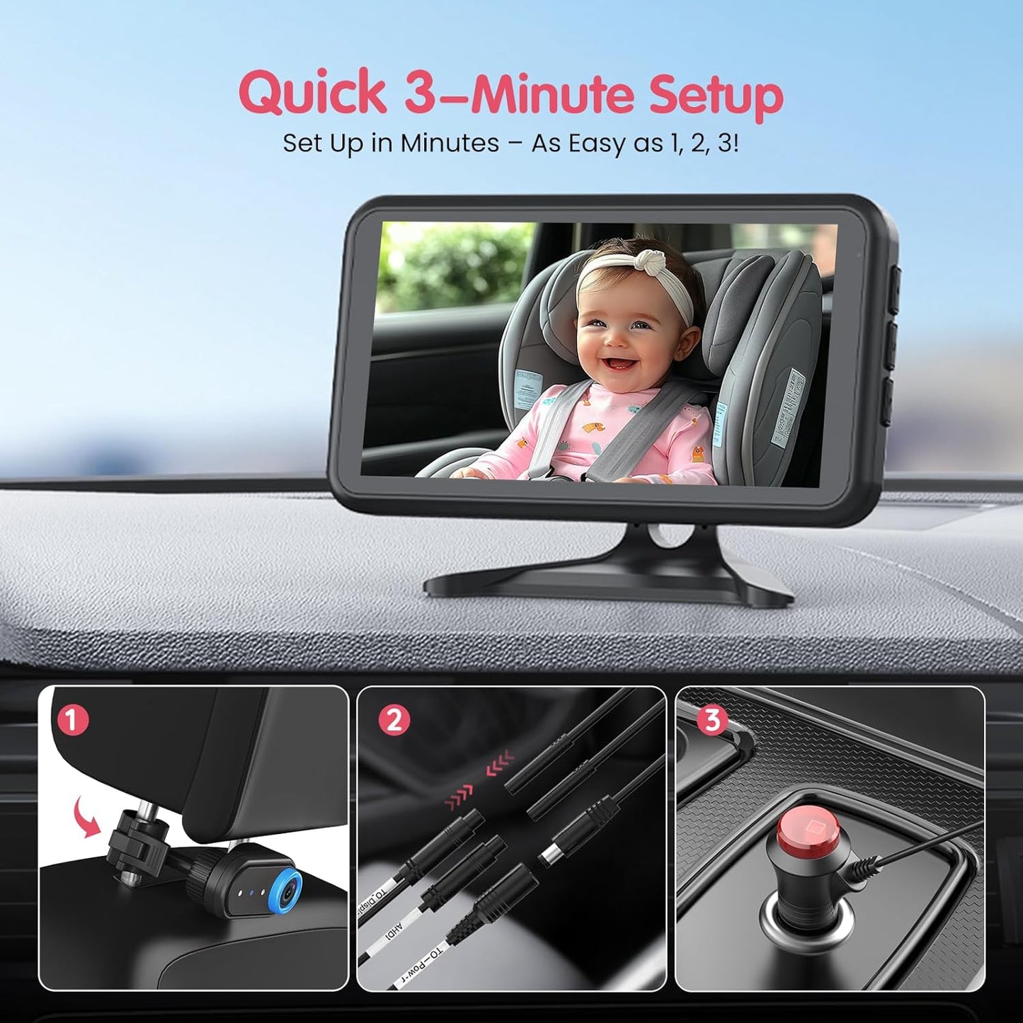 BM2A Baby Car Camera, 3X Zoom & 5.2" 1080P Display for Rear-Facing Car Seats, IR Night Vision, Easy No-Damage Instal – Ideal Car Baby Camera for Parents and Pet Owners