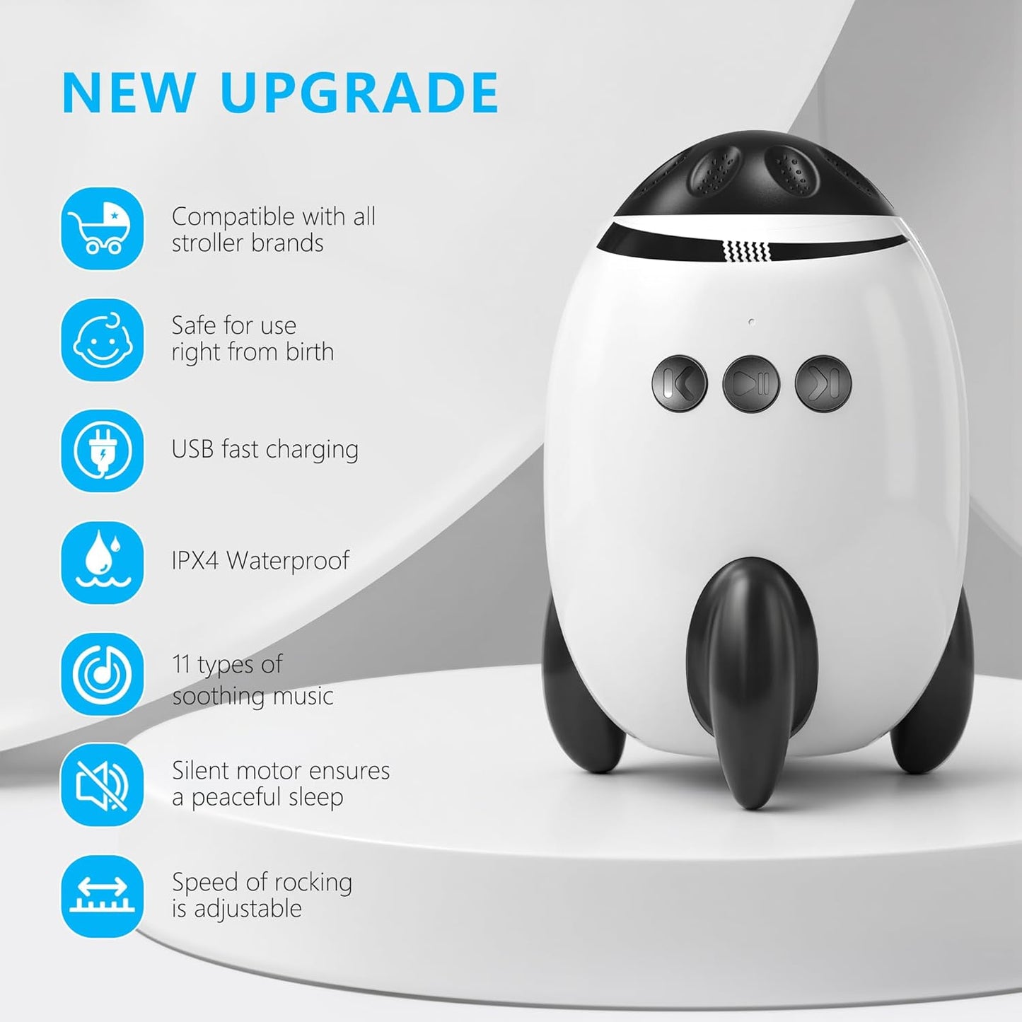 QNHMPW Baby Rocker, Baby Vibrating Soother Gently Rocks Any Stroller or Pram, White Noise Sound Machine Baby with 11 Sounds, Adjustable Speed, Baby Sleep Aid Newborn Essentials Must Haves Gifts